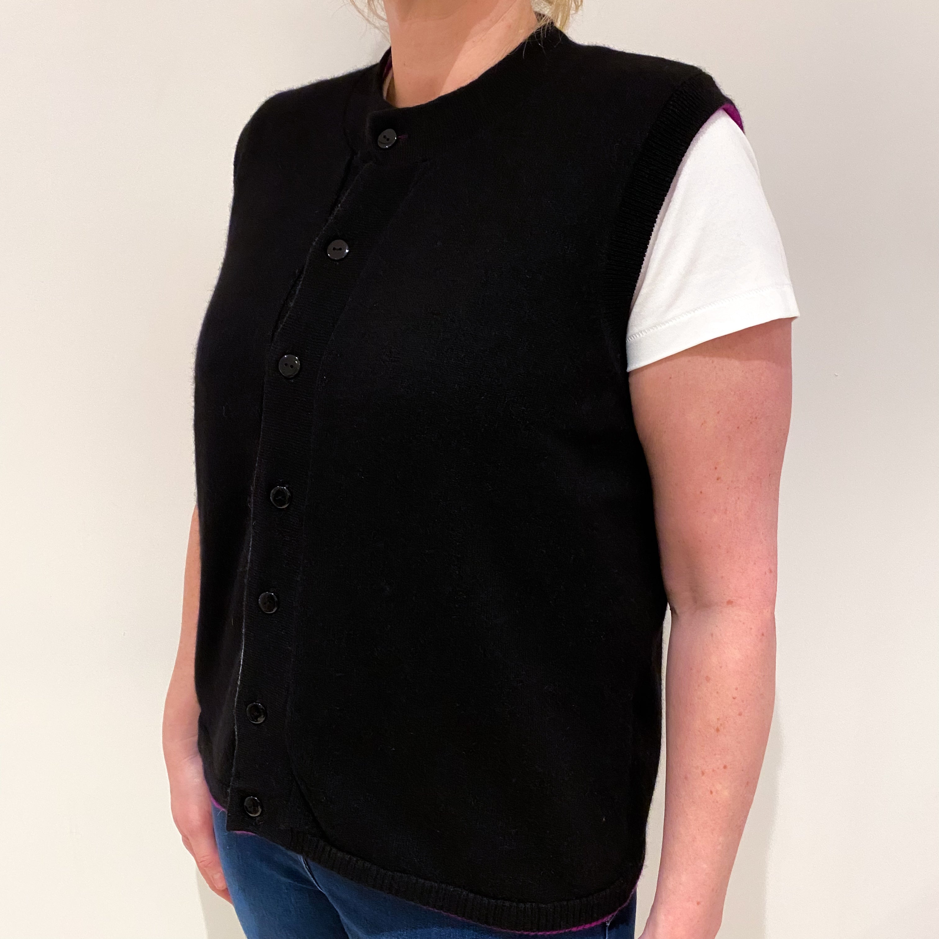 Reversible Magenta Purple Floral and Black Cashmere Gilet Large