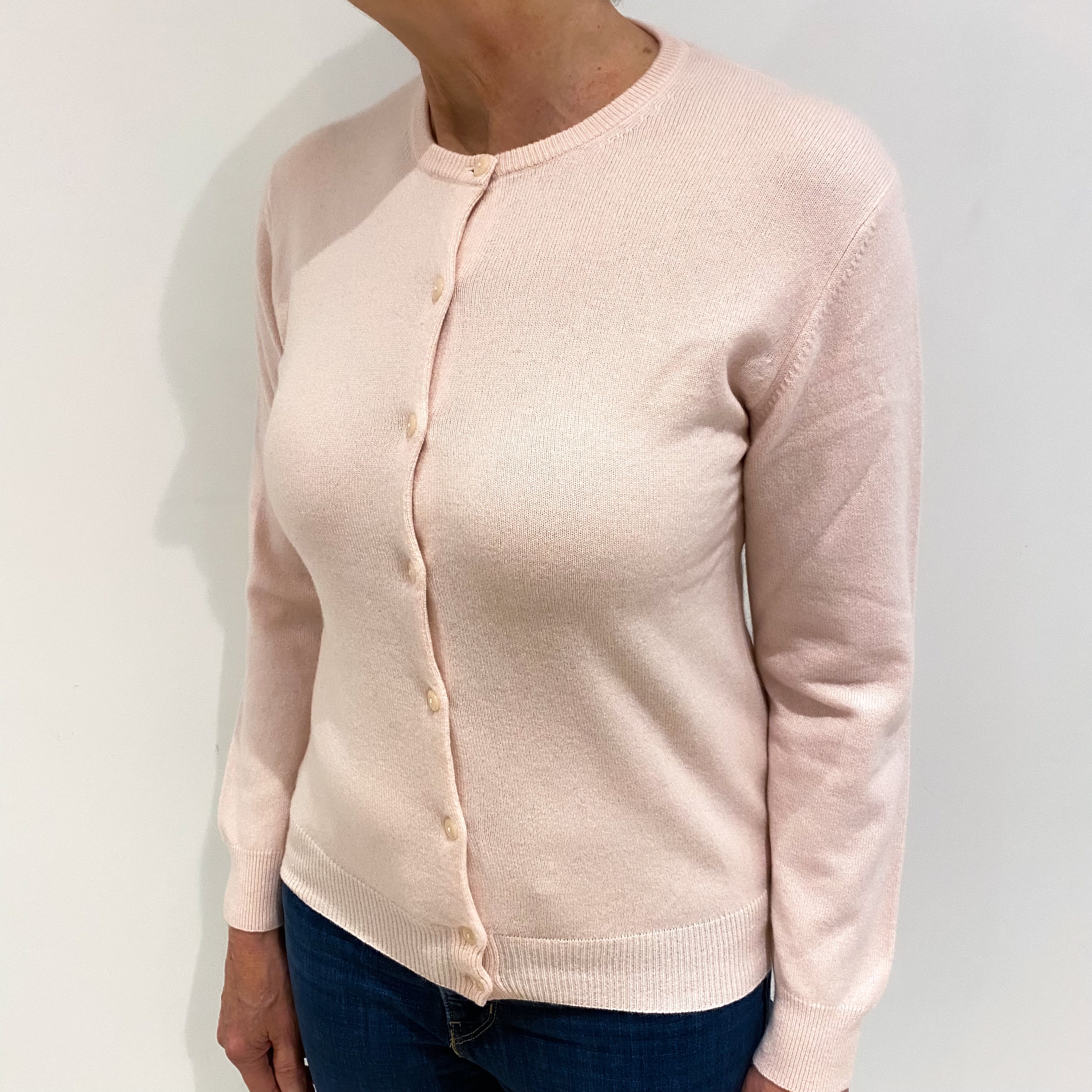 Pale Pink Cashmere Crew Neck Cardigan Medium