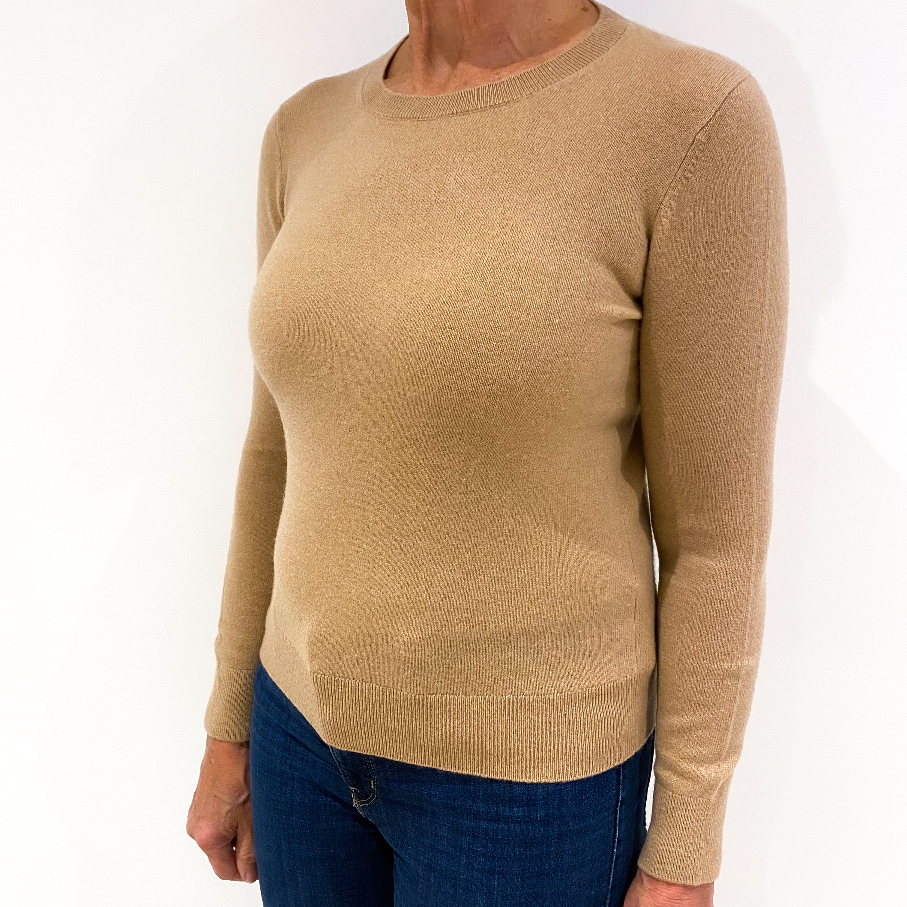 Camel Brown Cashmere Crew Neck Jumper Medium