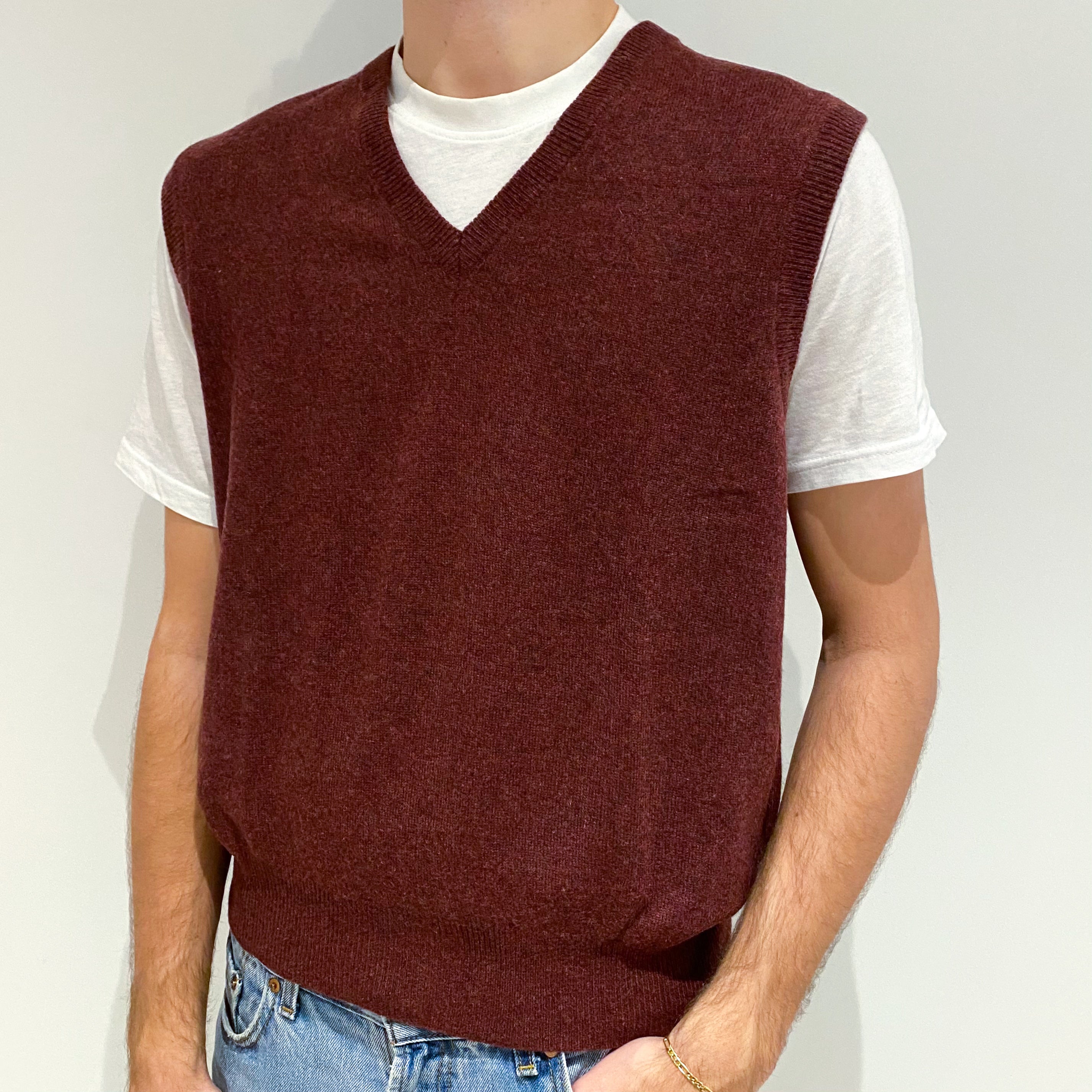 Men's Mulberry Red Cashmere V-Neck Tank Top Large
