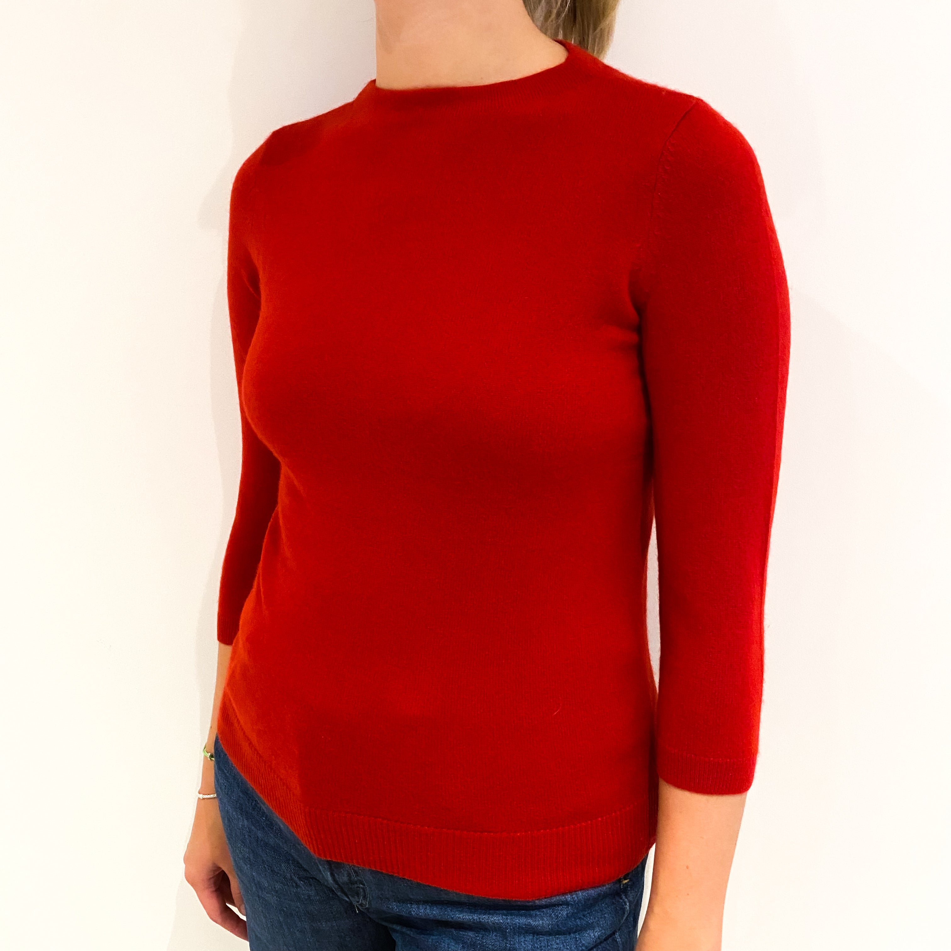 Scarlet Red 3/4 Sleeve Cashmere Crew Neck Jumper Small