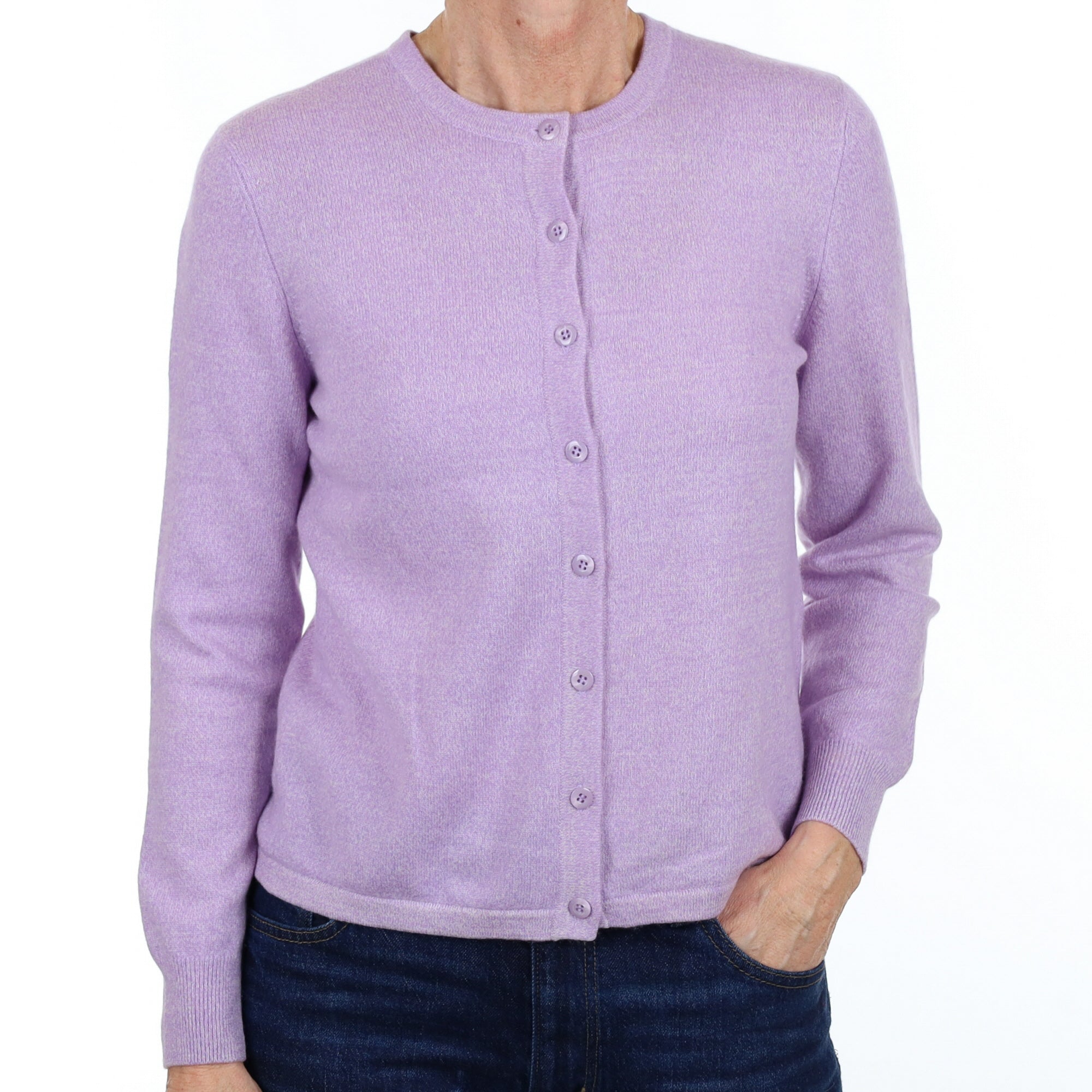 Lavender Purple Marl Cashmere Crew Neck Cardigan Small