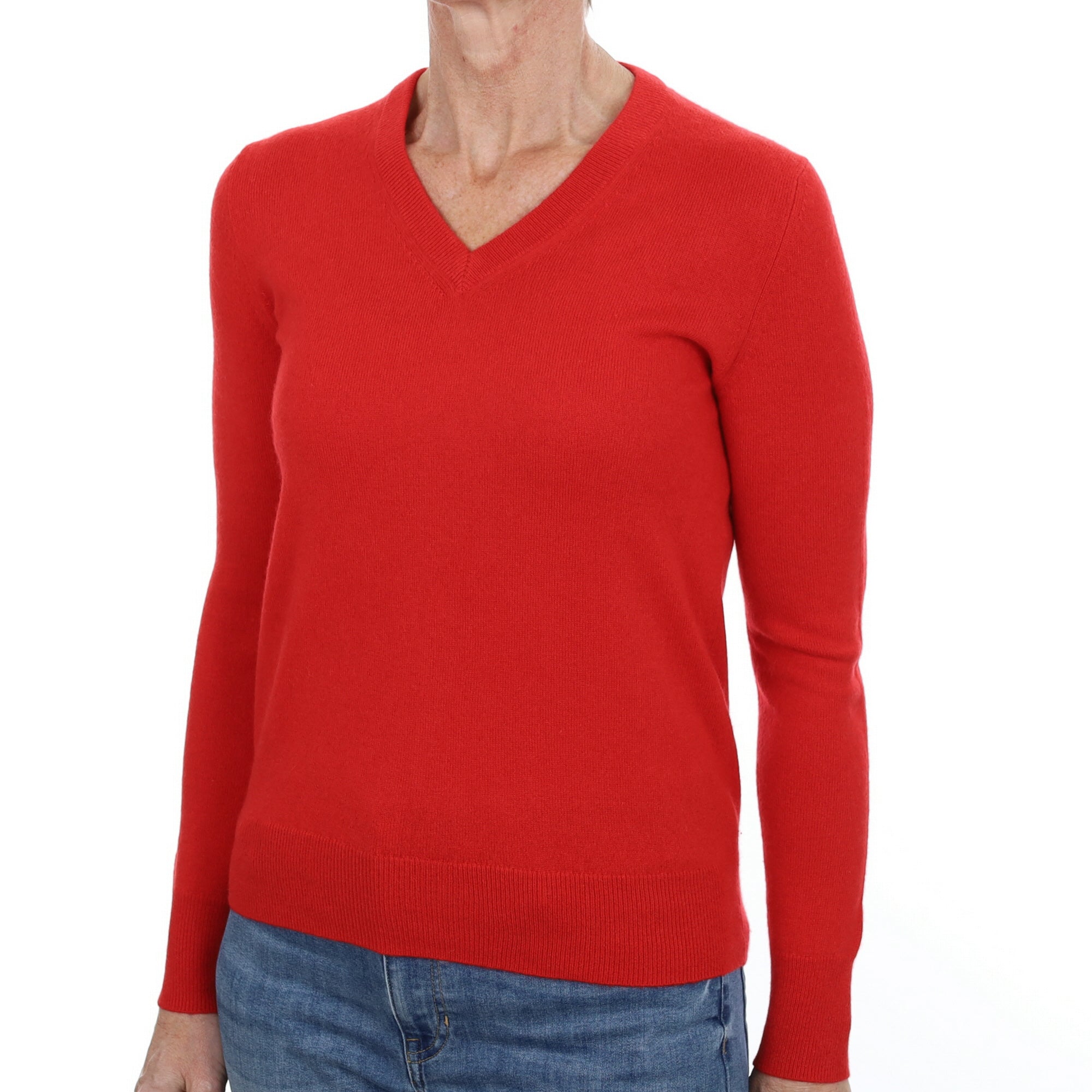 Vermillion Red Cashmere V Neck Jumper Small