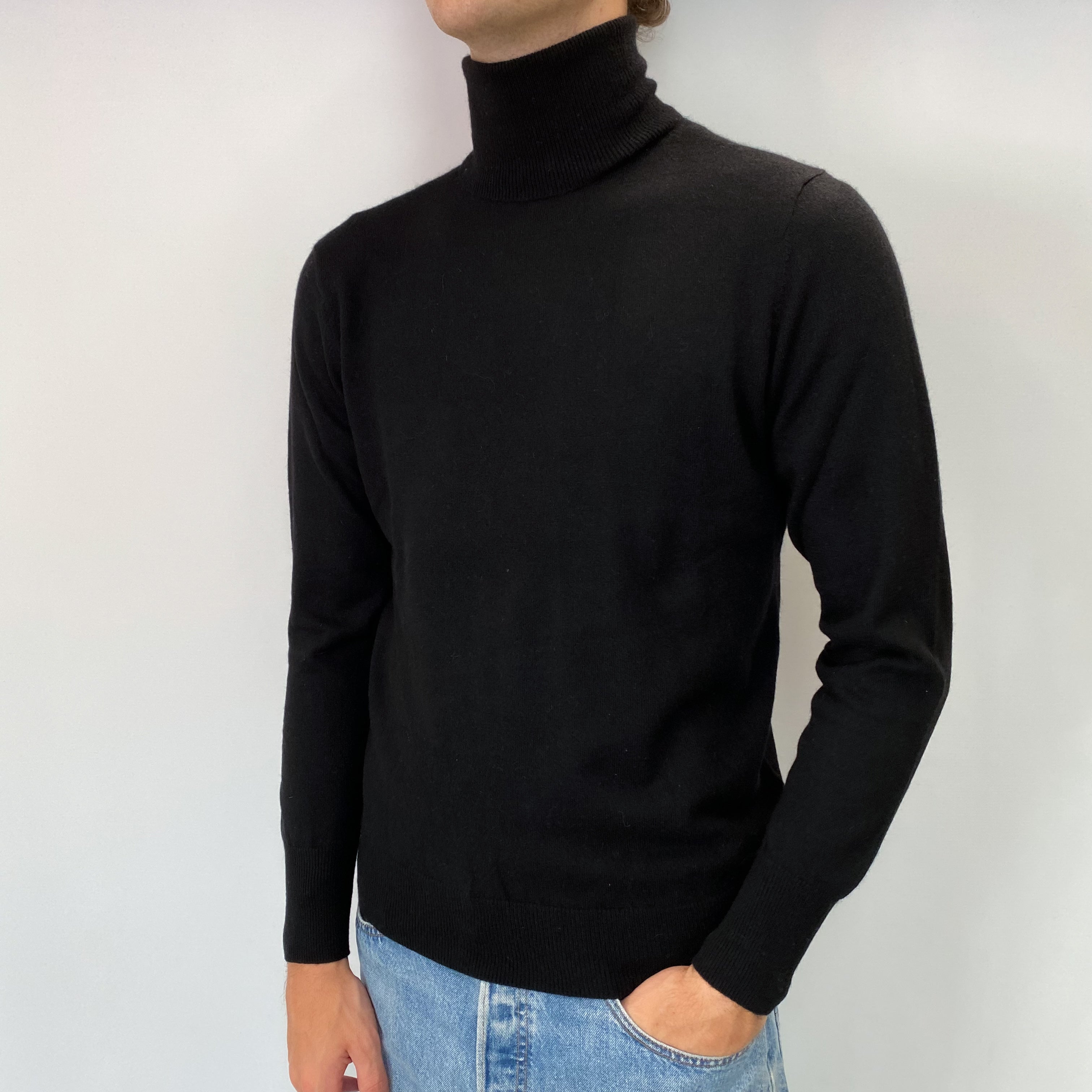 Men's Black Cashmere Polo Neck Jumper Medium