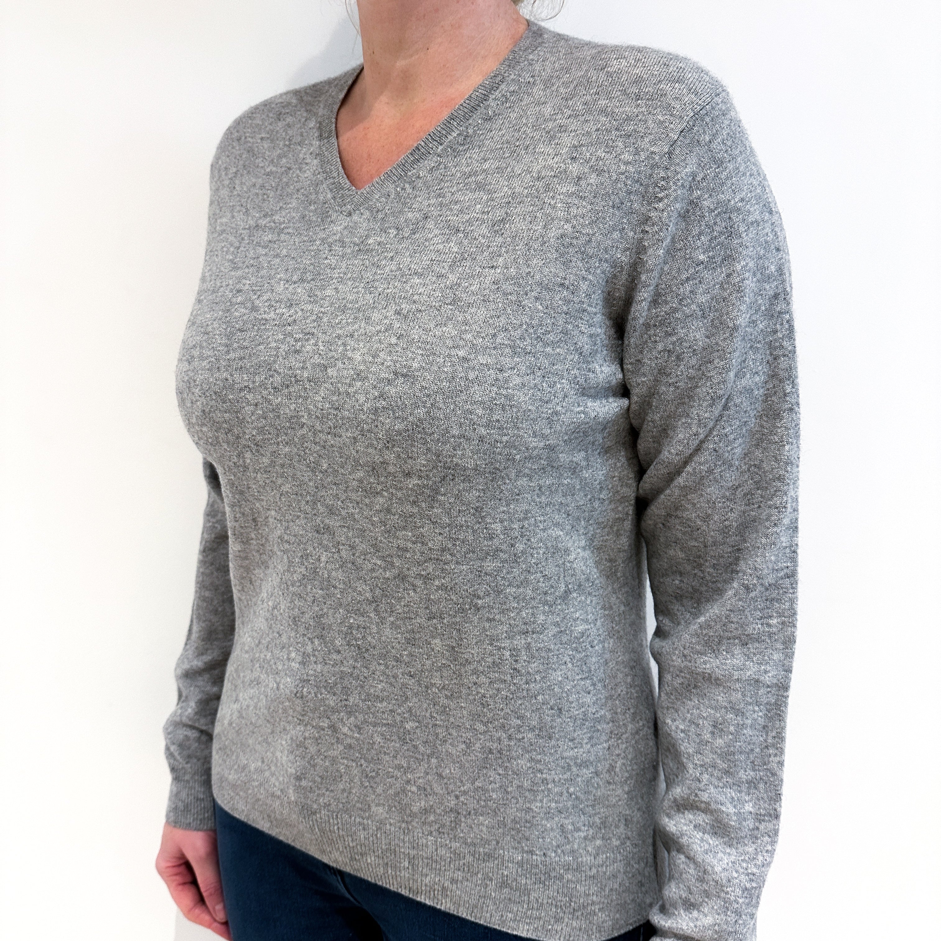 Smoke Grey Cashmere V Neck Jumper Large