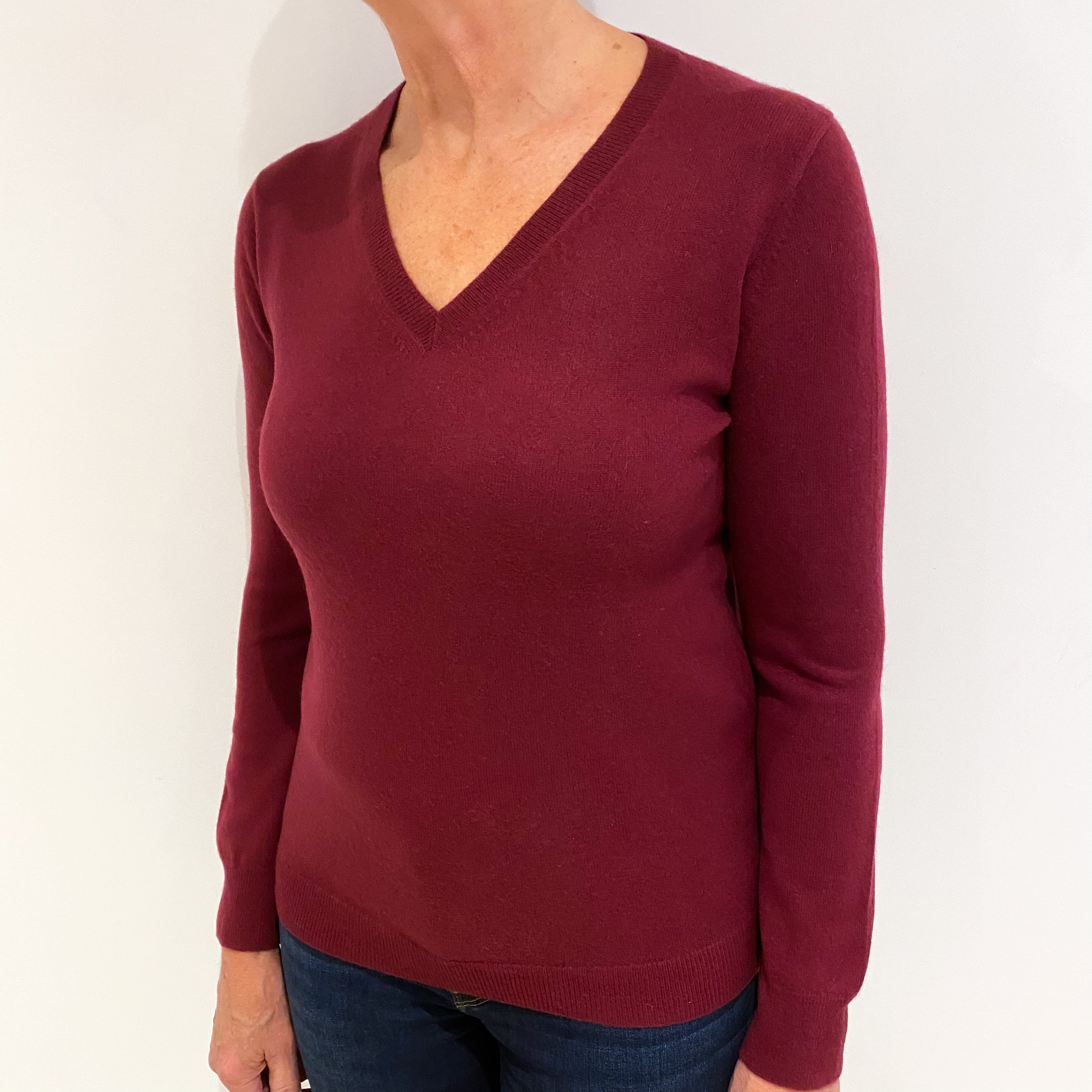 Maroon Red Cashmere V Neck Jumper Medium