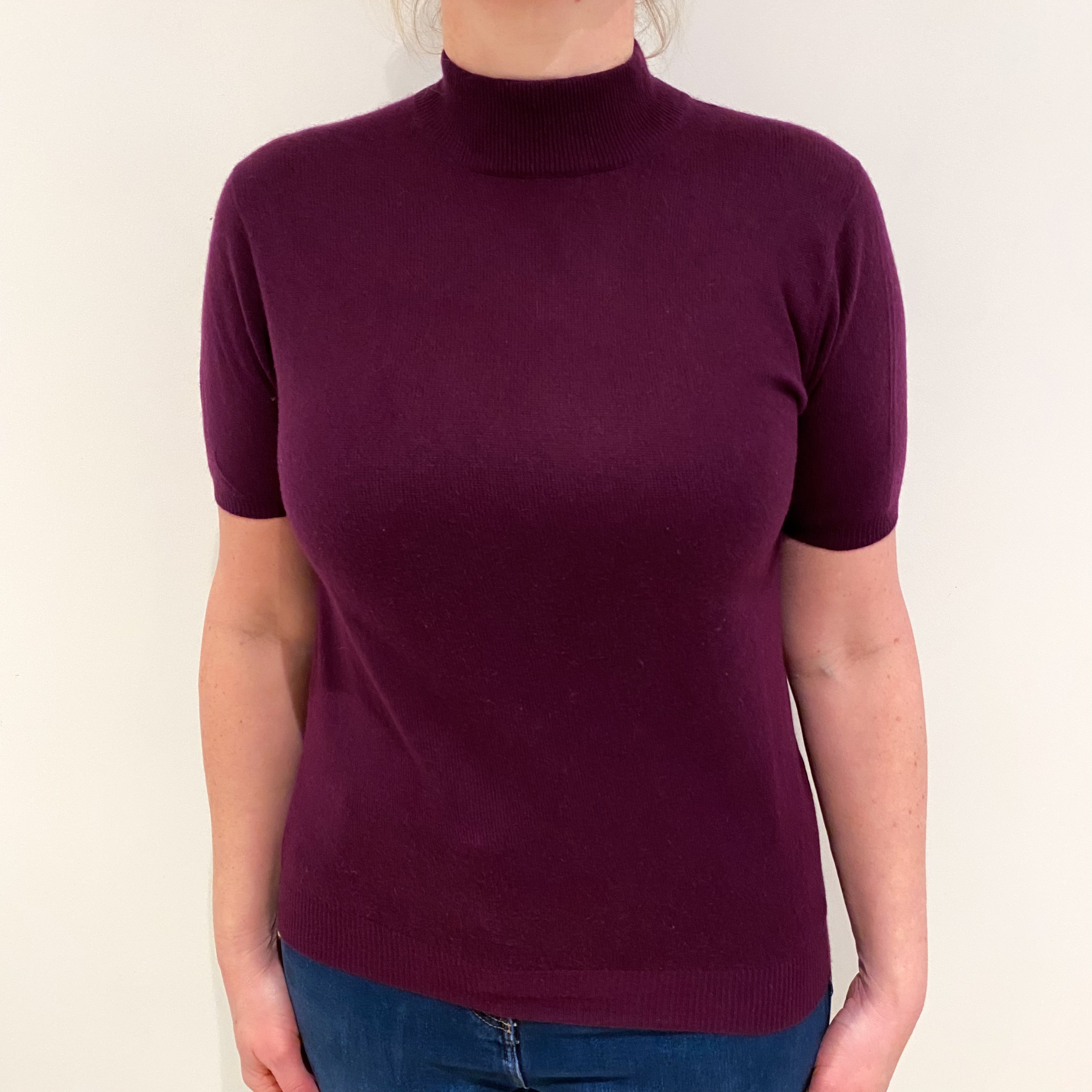 Aubergine Purple Cashmere Short Sleeved Turtle Neck Jumper Large