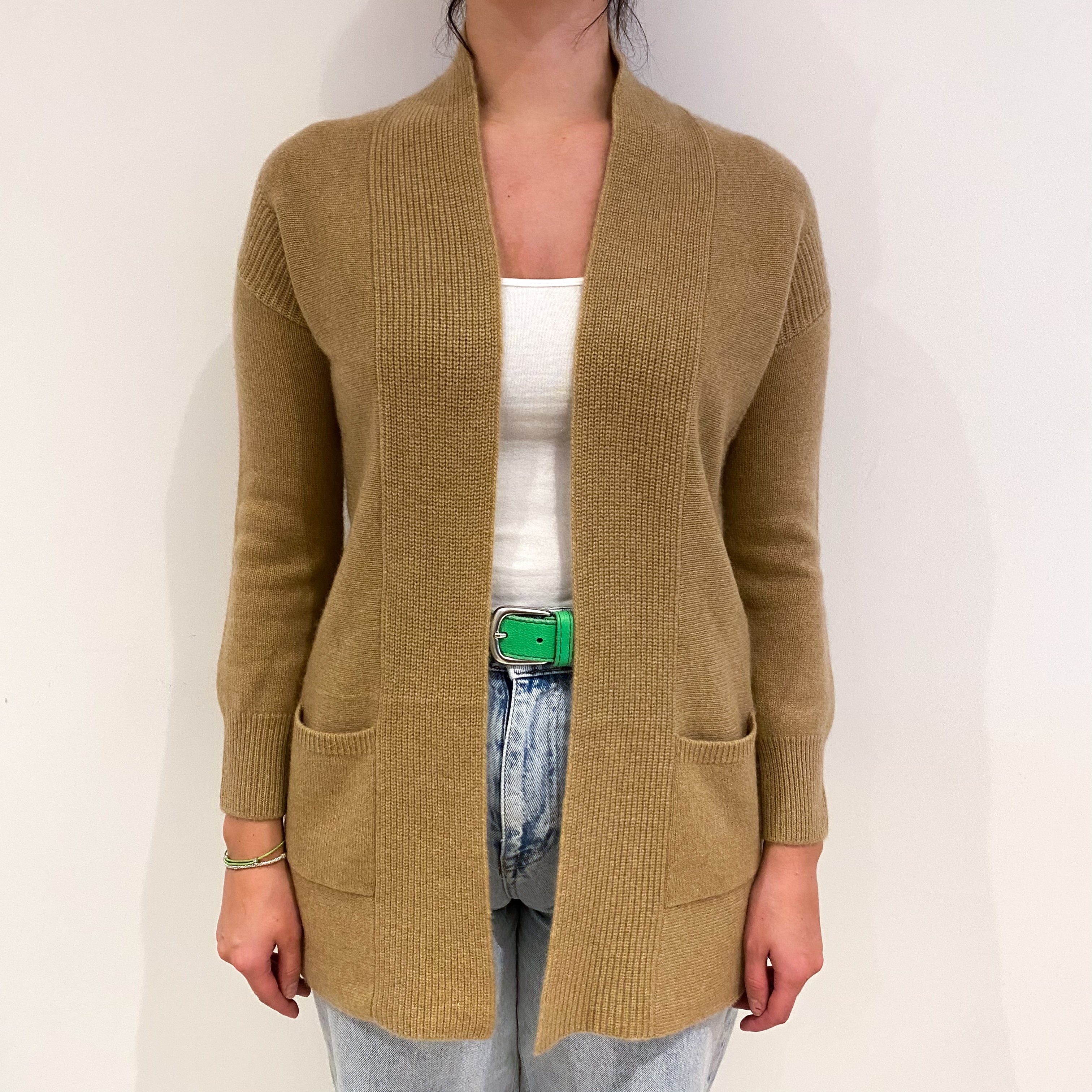 Caramel Brown Cashmere Edge To Edge Cardigan With Pockets Small