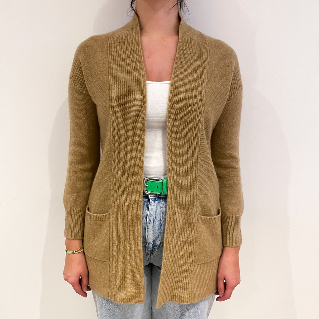 Caramel Brown Cashmere Edge To Edge Cardigan With Pockets Small