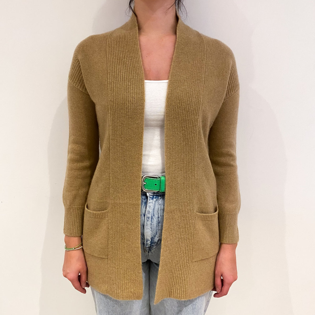 Caramel Brown Cashmere Edge To Edge Cardigan With Pockets Small