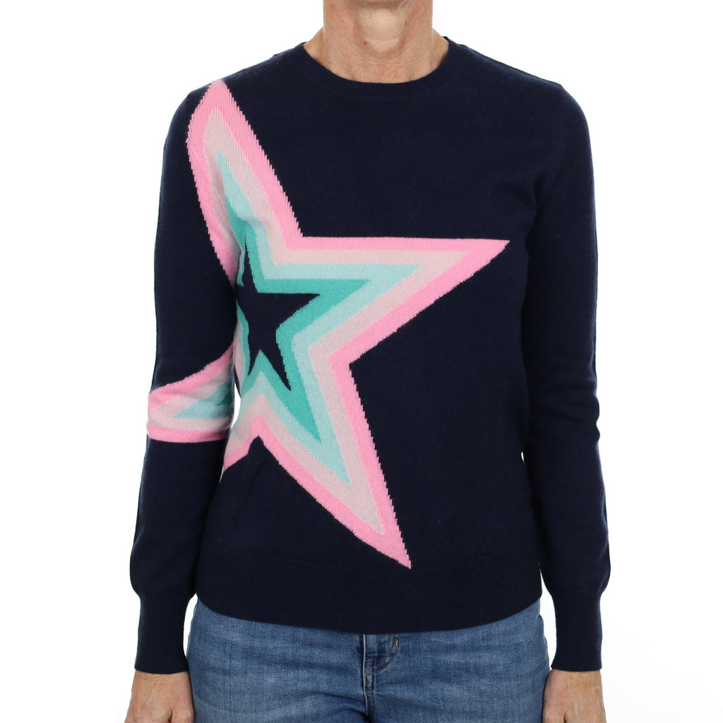 Navy Blue Star Cashmere Crew Neck Jumper Small