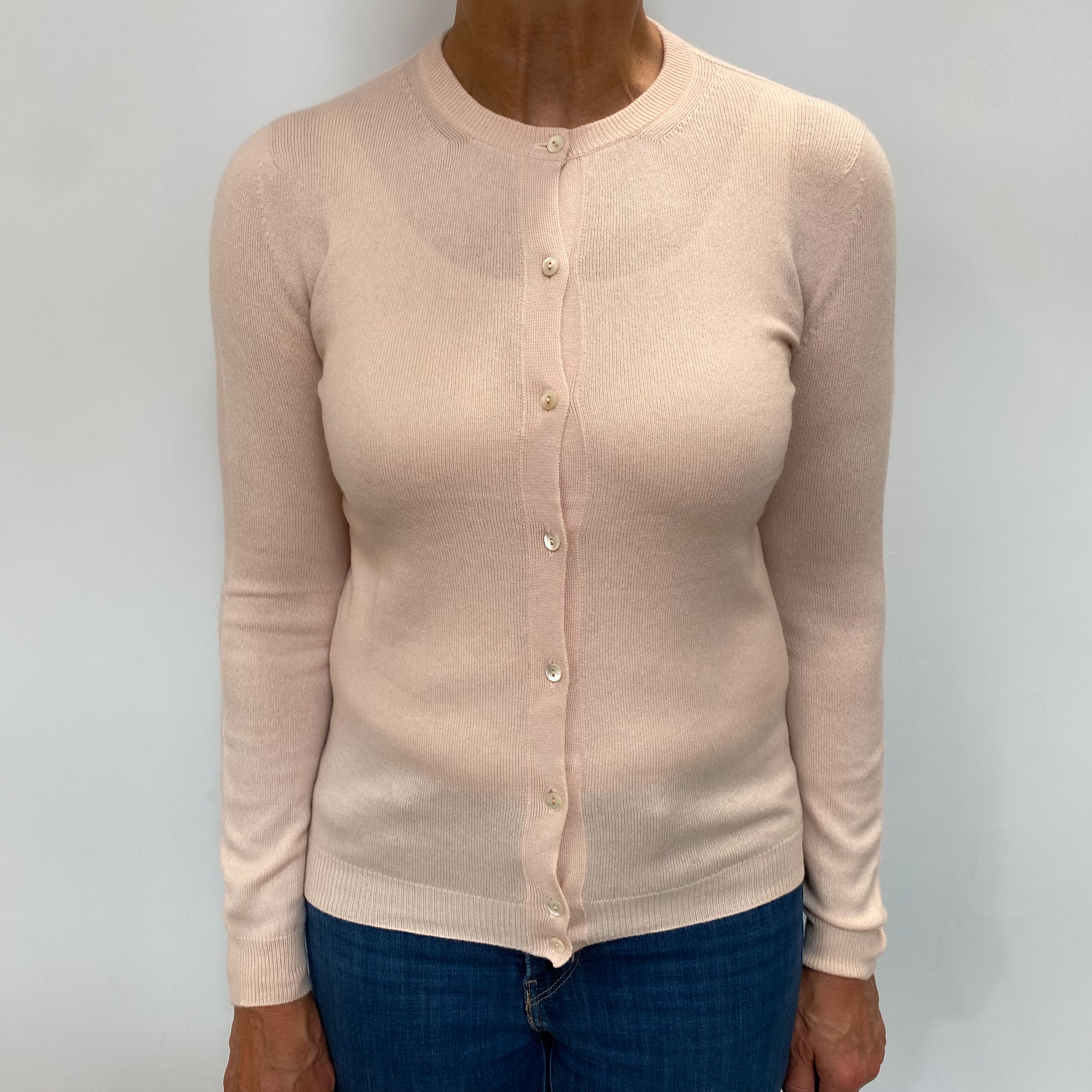 Johnstons Shell Pink Cashmere Crew Neck Cardigan Medium