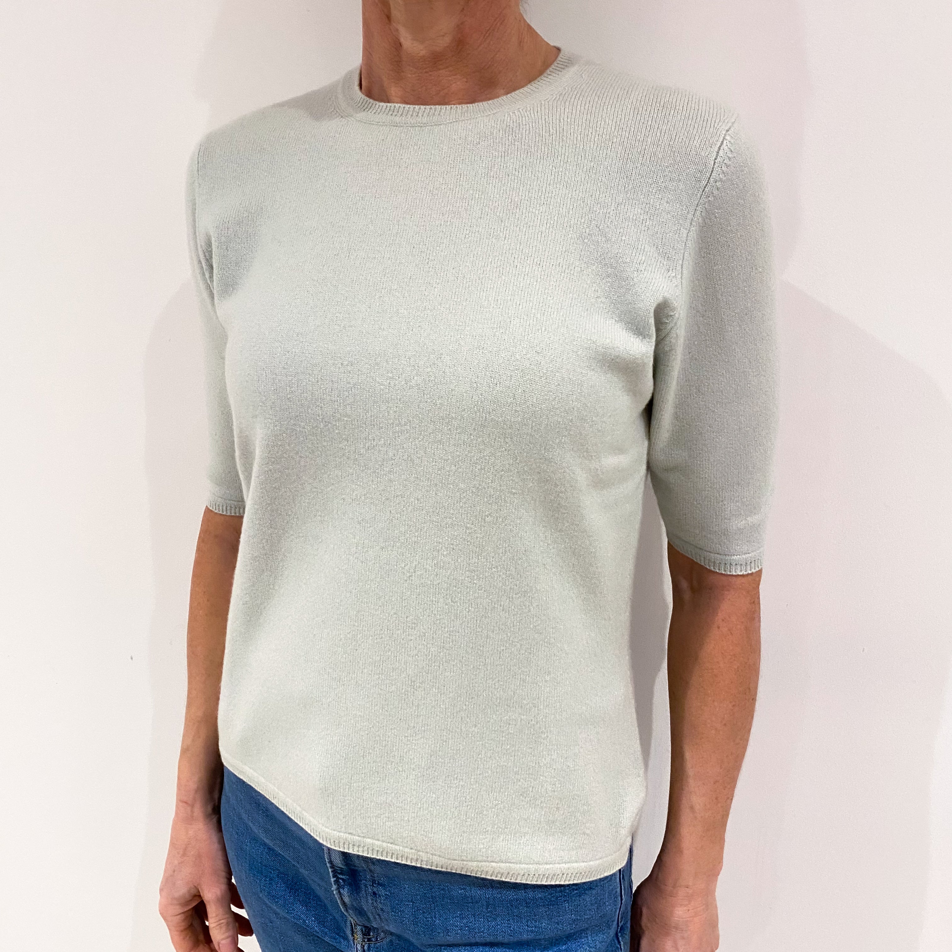 Palest Dusty Green Cashmere Short Sleeved Crew Neck Jumper Small