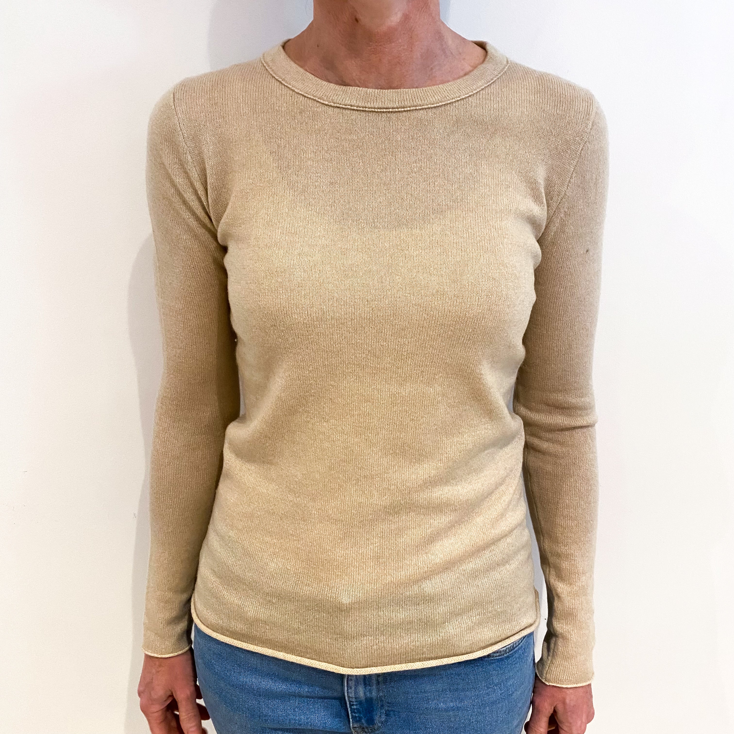 Fawn Beige Cashmere Crew Neck Jumper Small