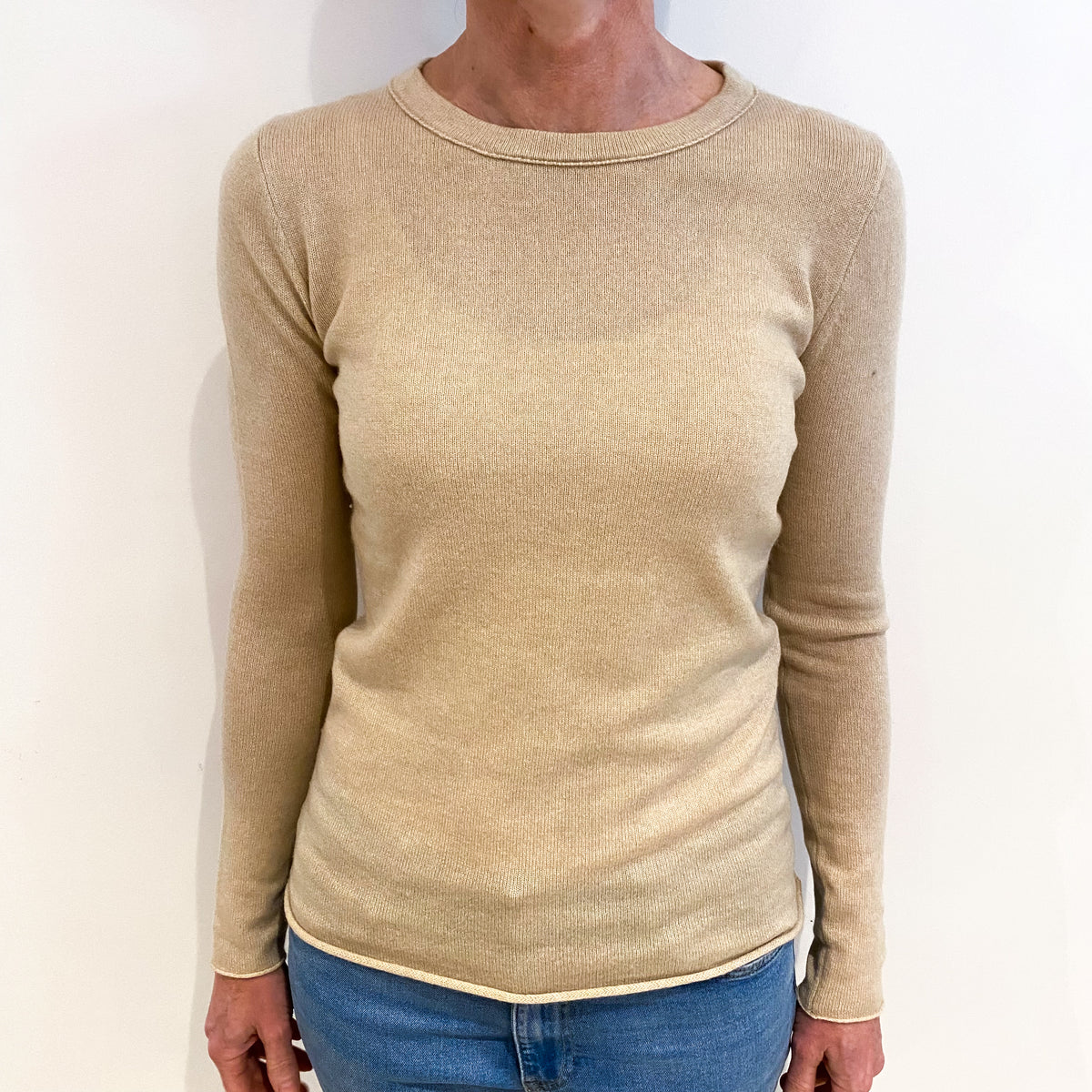 Fawn Beige Cashmere Crew Neck Jumper Small