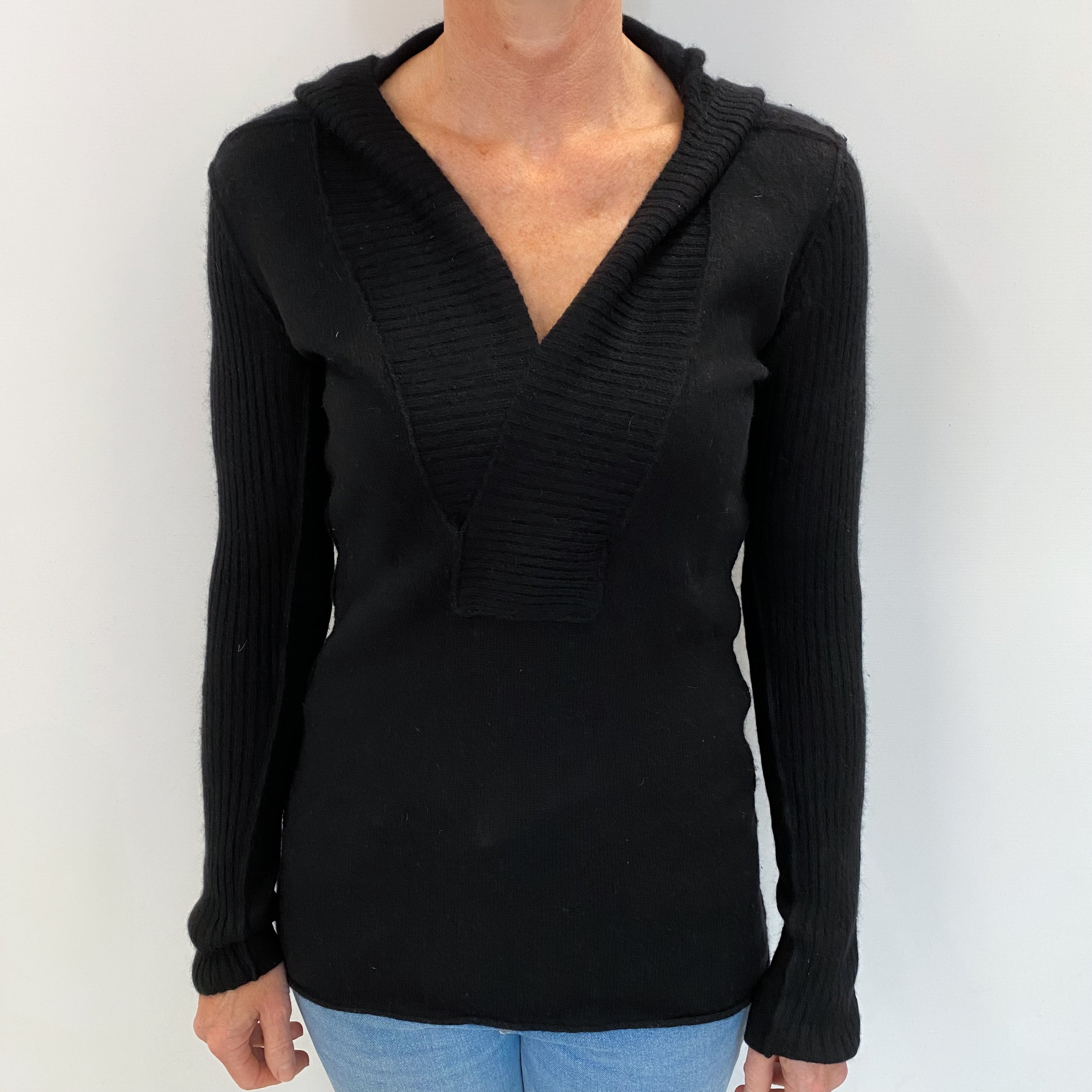Black Cashmere V Neck Hoodie Small