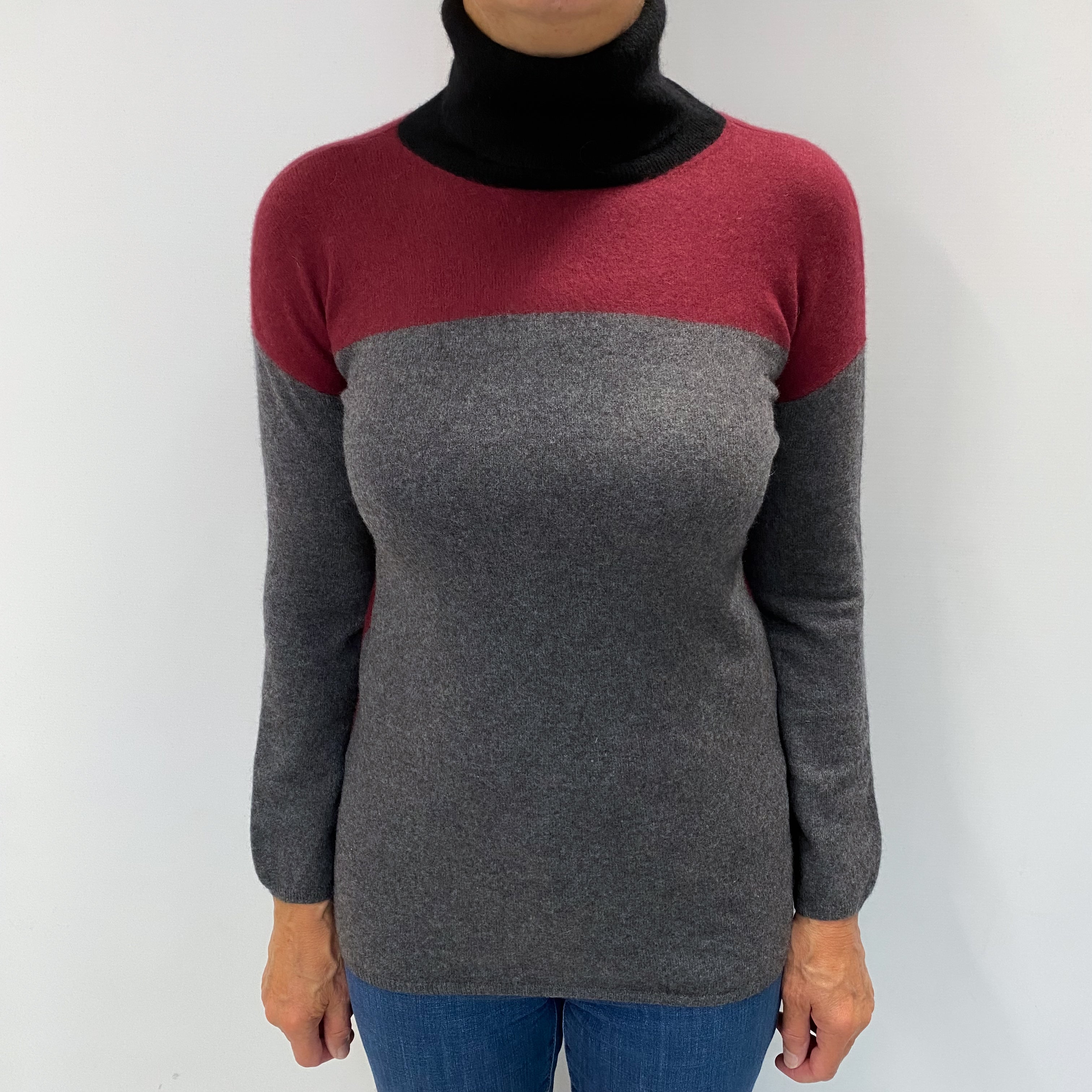 Burgundy and Grey Cashmere Polo Neck Jumper Medium