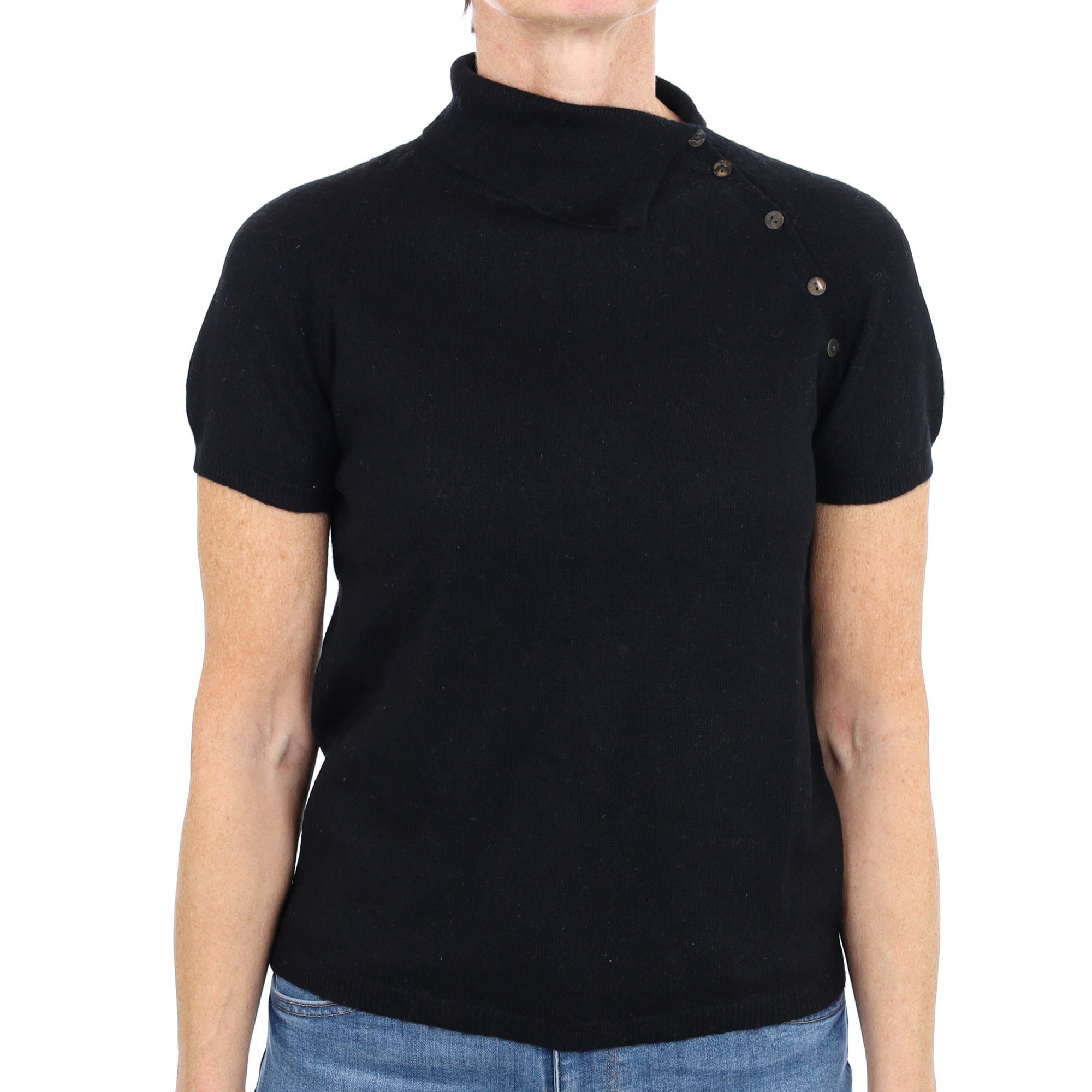 Black Cashmere Split Polo Neck Short Sleeved Jumper Small