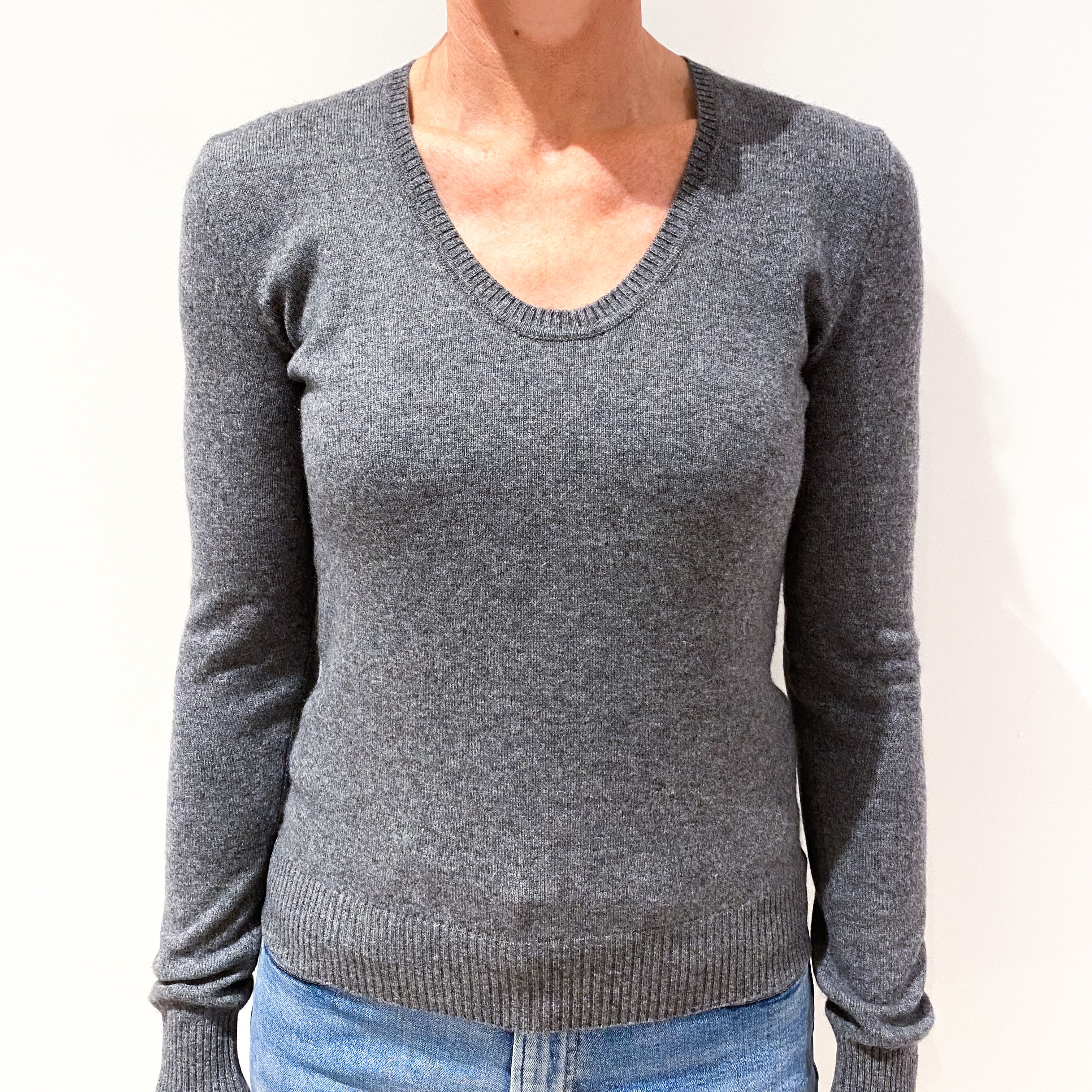 Slate Grey Cashmere Deep Scoop Neck Jumper Small