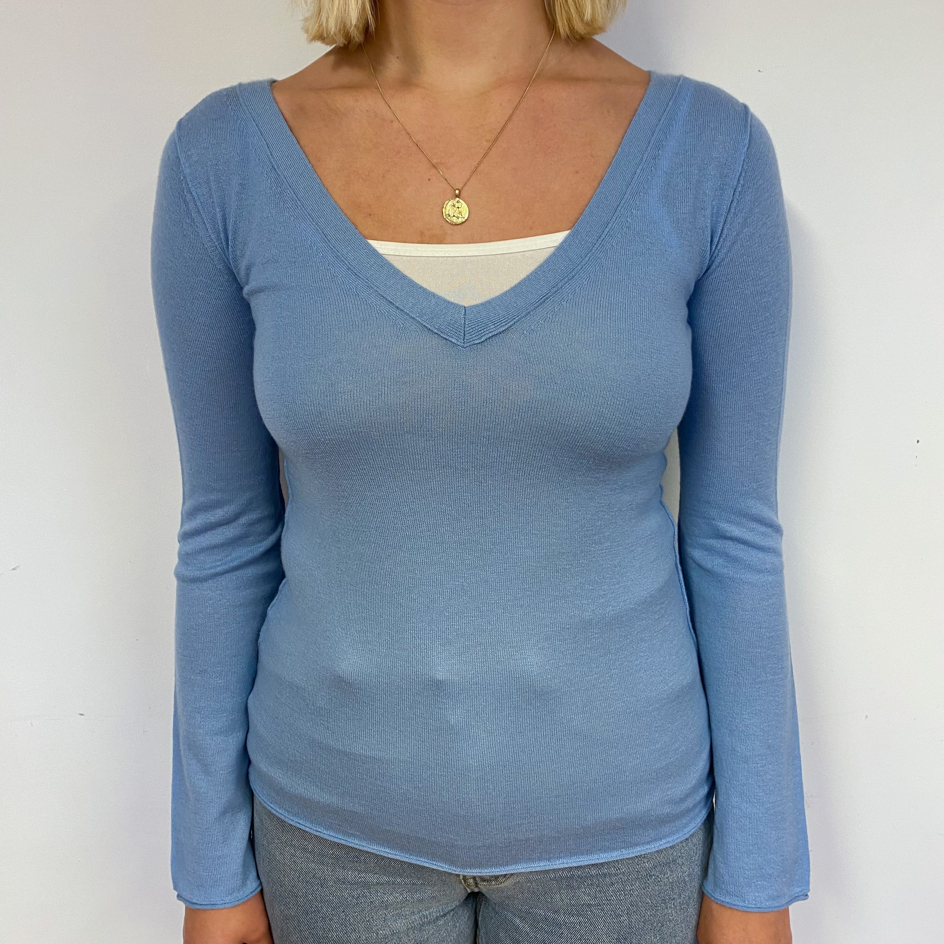 Sky Blue Fine Knit Cashmere V-Neck Jumper Small