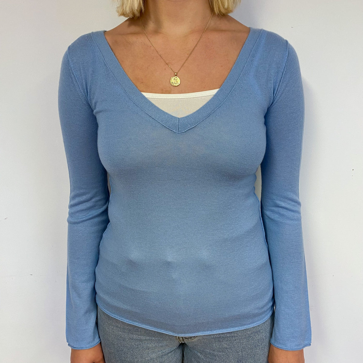 Sky Blue Fine Knit Cashmere V-Neck Jumper Small