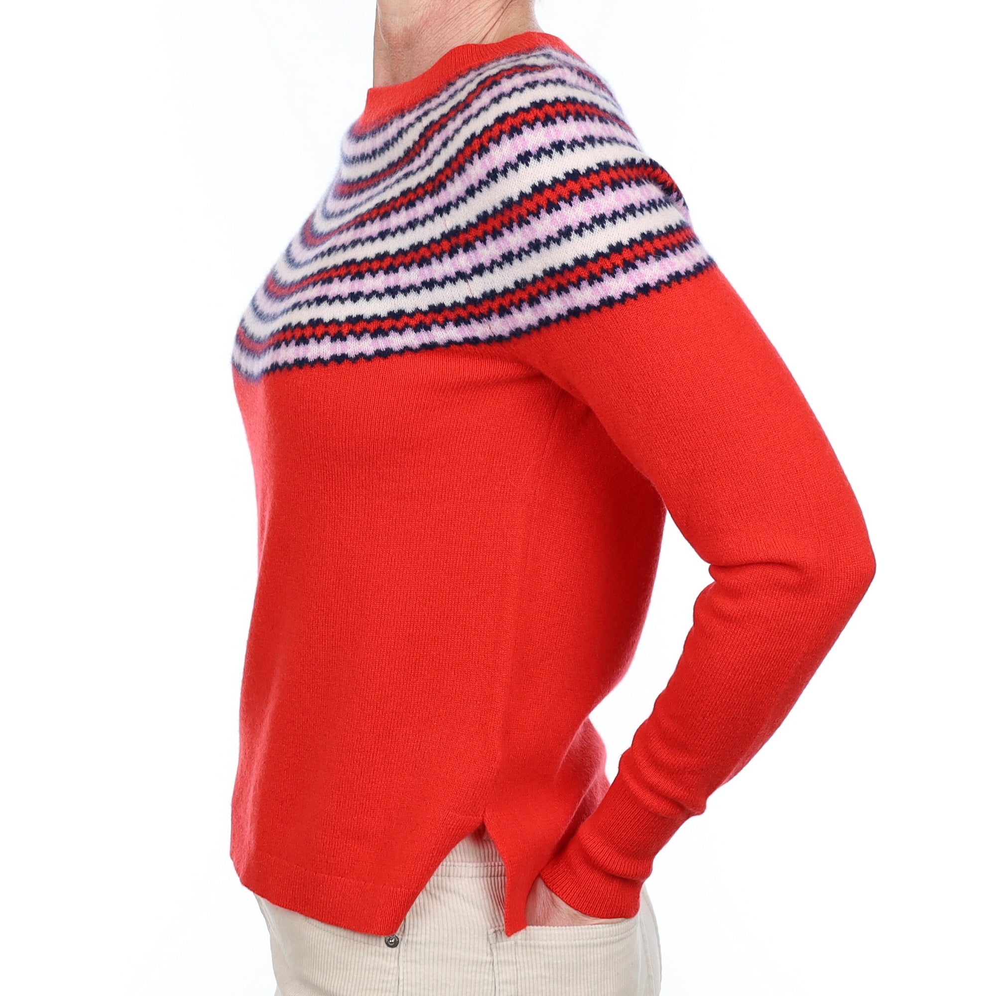 Scarlet Red Fair Isle Cashmere Crew Neck Jumper Small