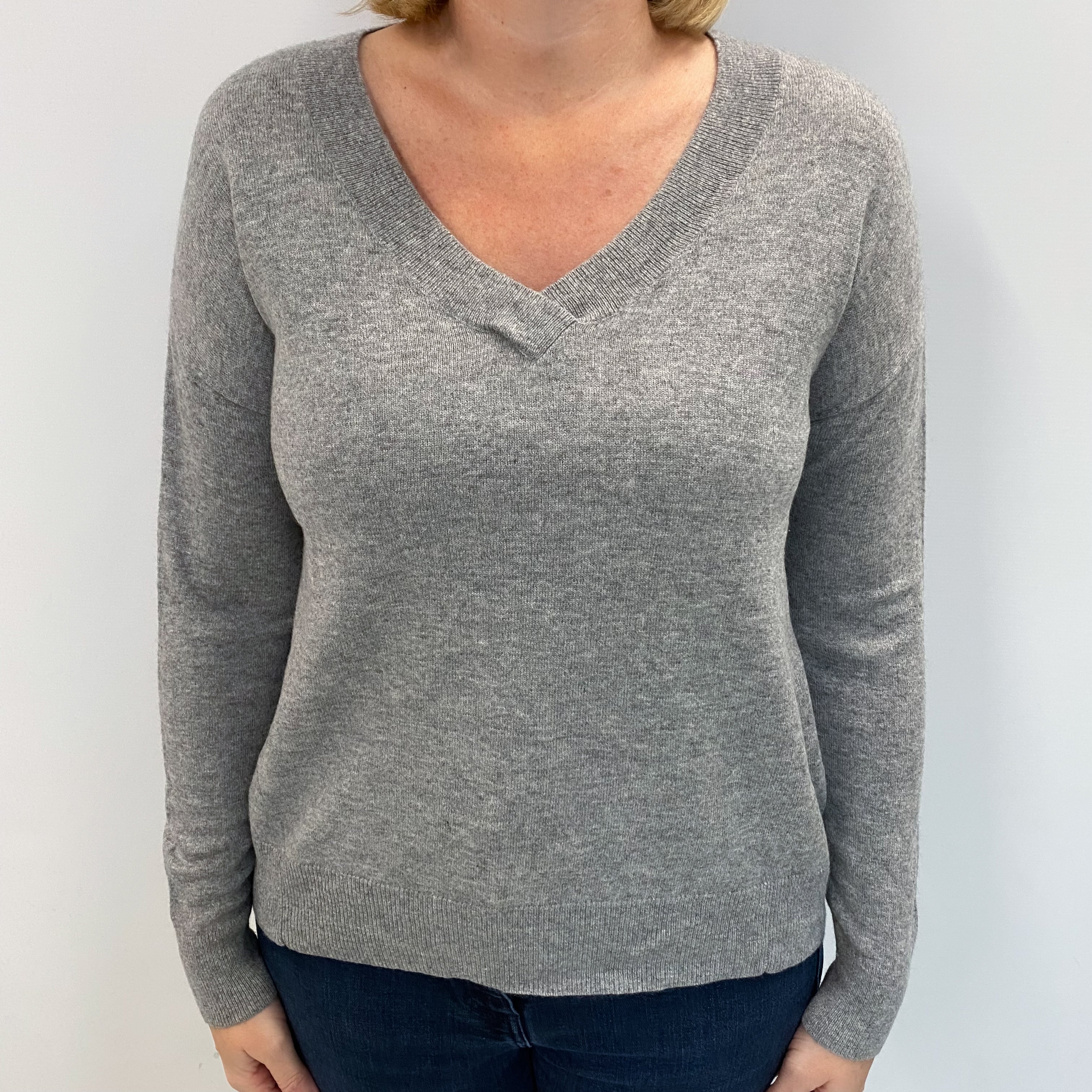 Smoke Grey Cashmere V Neck Jumper Large