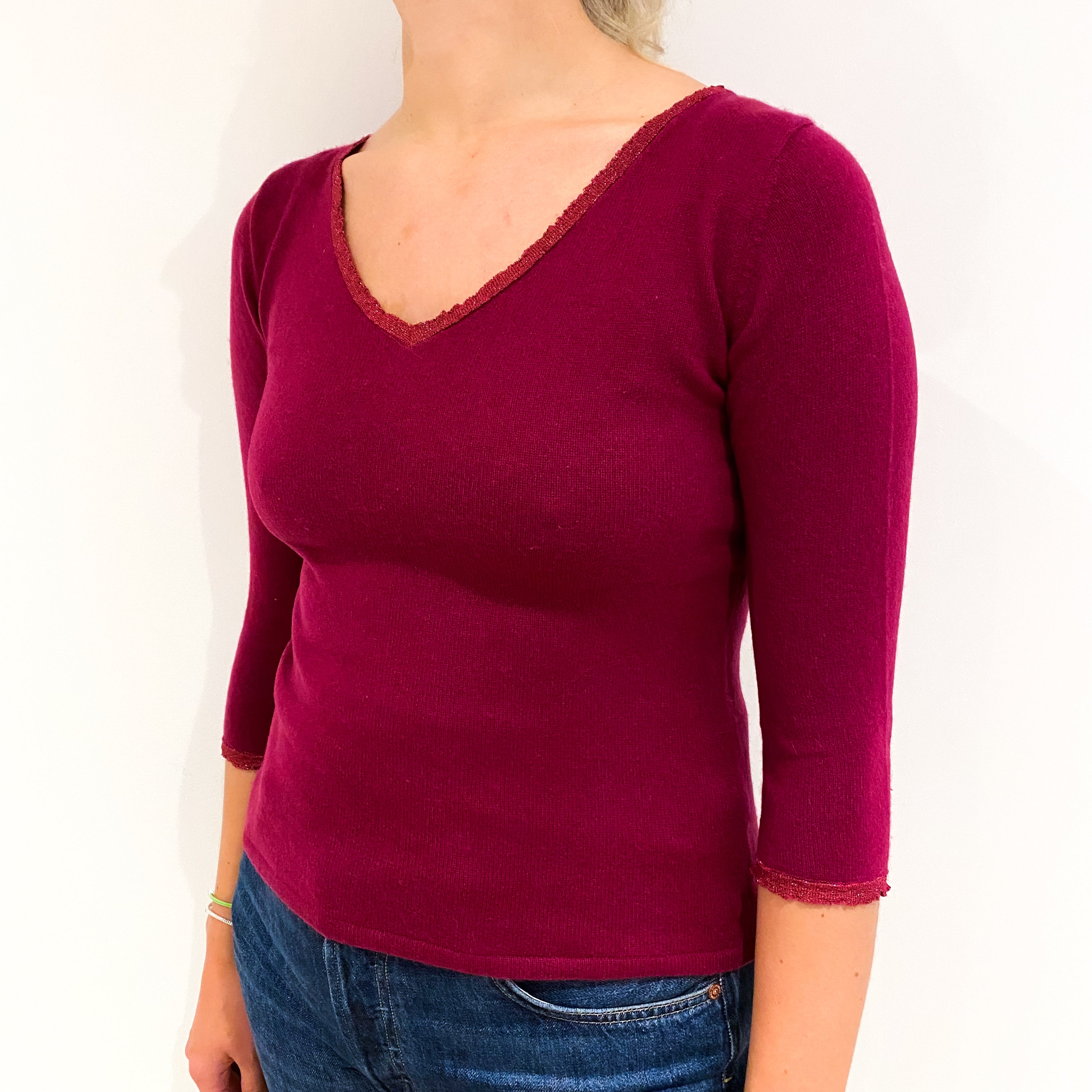 Cherry Red 3/4 Sleeve Cashmere V-Neck Jumper Small