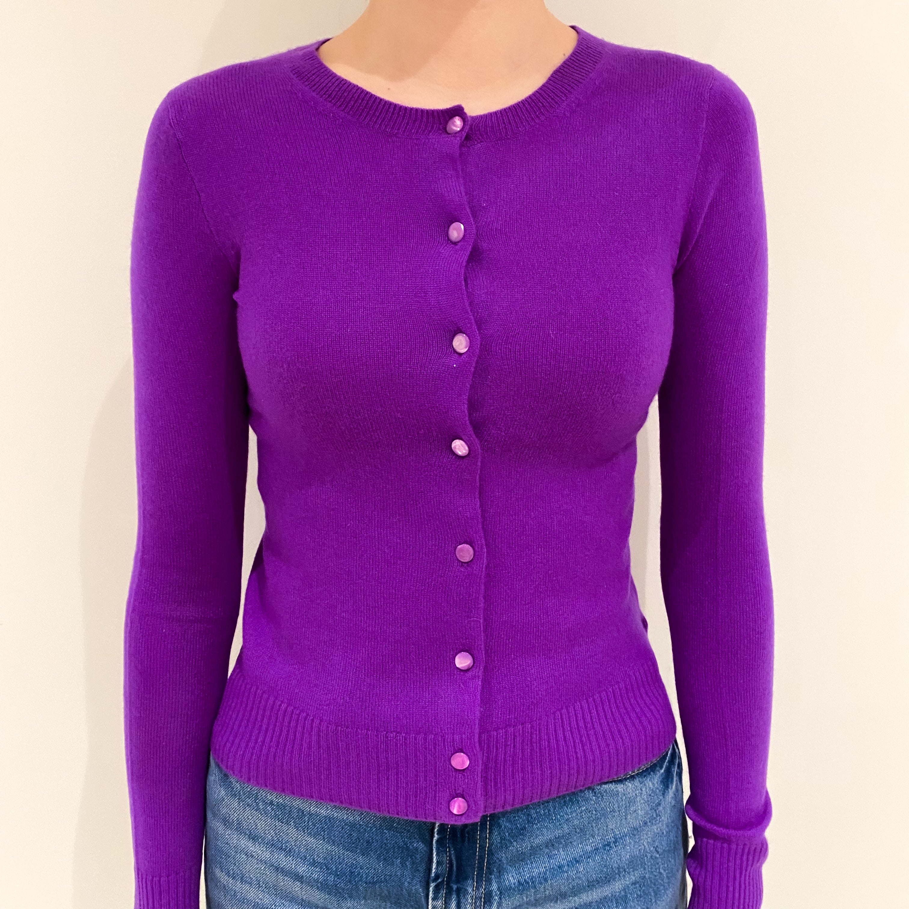 Bright Violet Purple Cashmere Crew Neck Cardigan 3XS