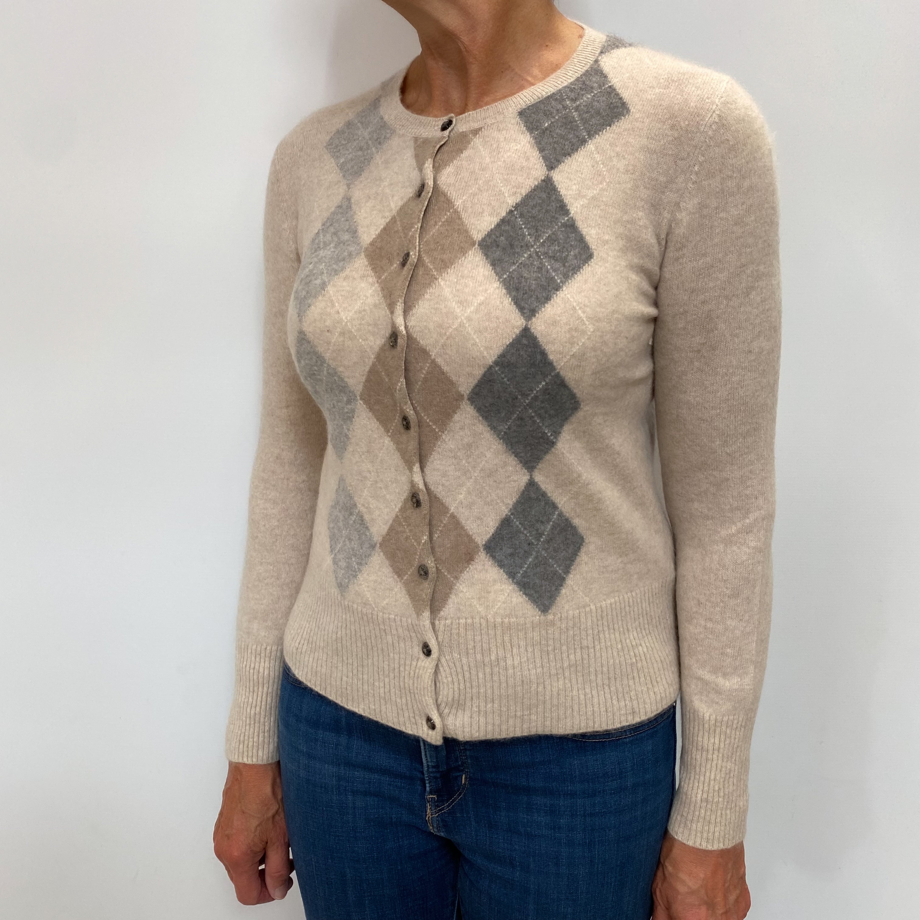 Fawn Beige Argyle Cashmere Crew Neck Cardigan Medium
