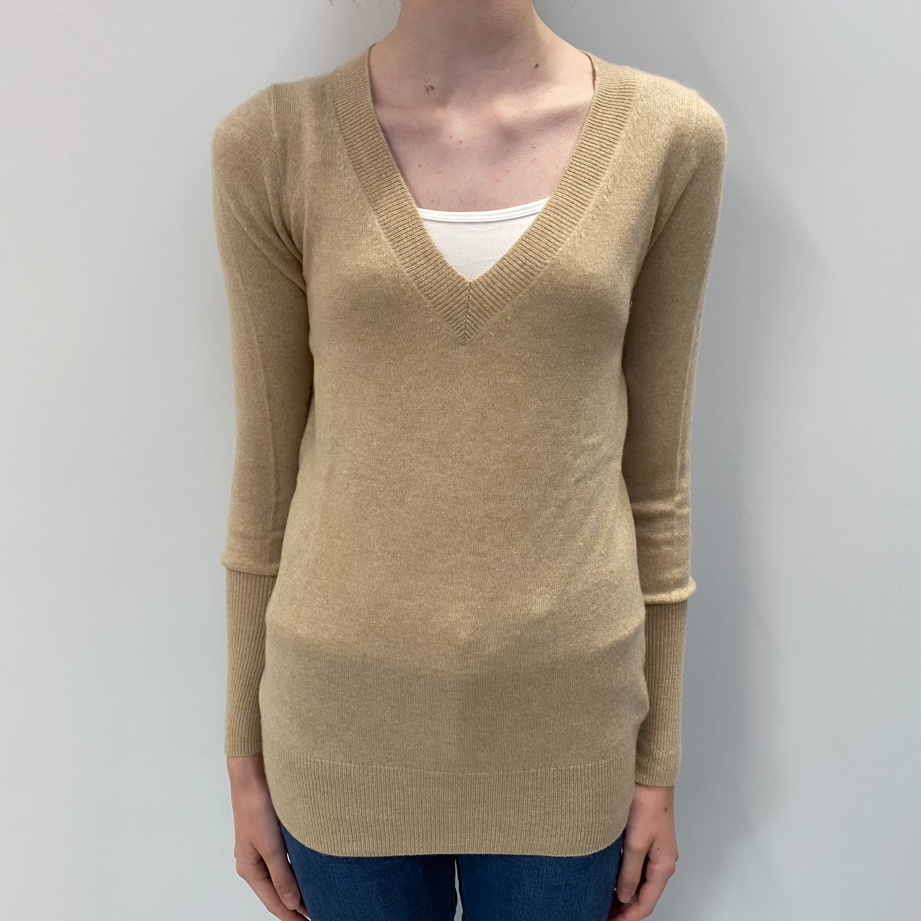 Sand Beige Cashmere V Neck Jumper Extra Small