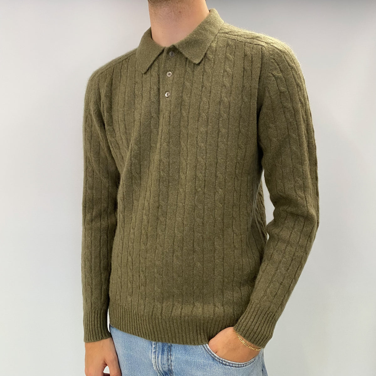 Men's Olive Green Cashmere Collared 1/4 Button Neck Jumper Medium