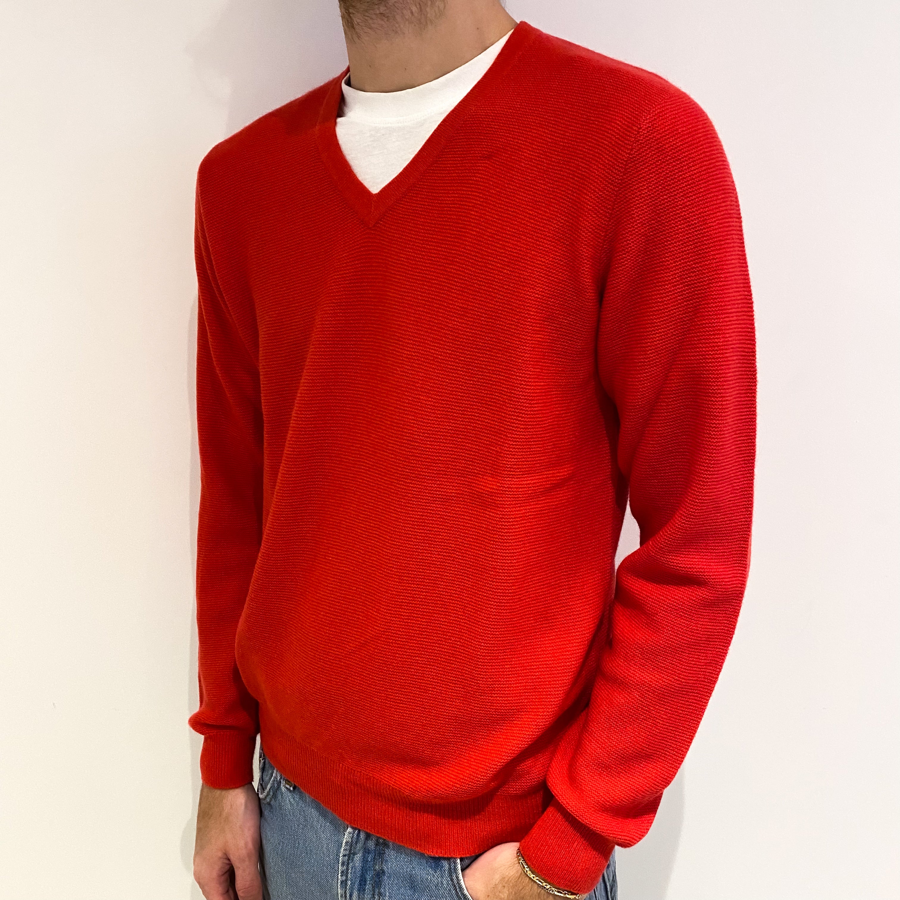 Men's Watermelon Red Cashmere V Neck Jumper Medium