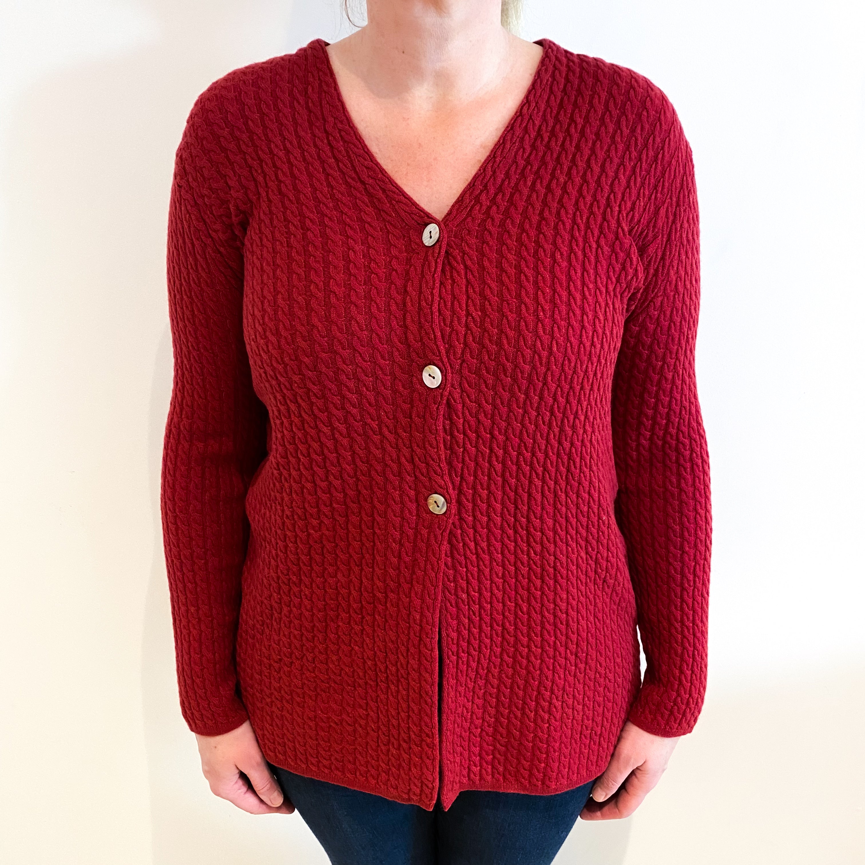 Brick Red Cashmere V Neck Cable Knit Cardigan Large