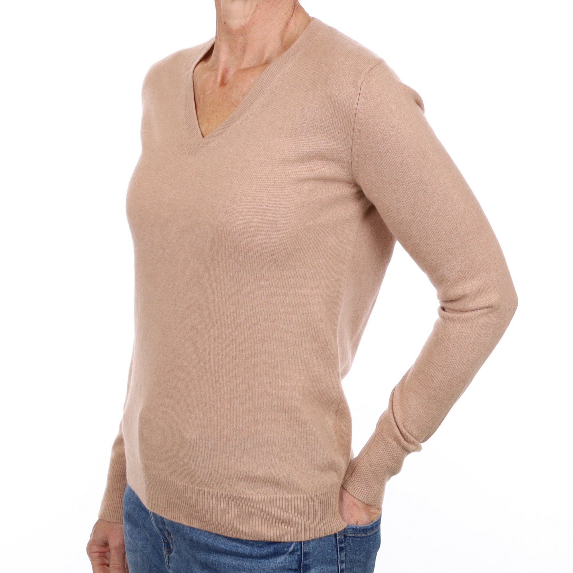 Blush Beige Cashmere V Neck Jumper Small