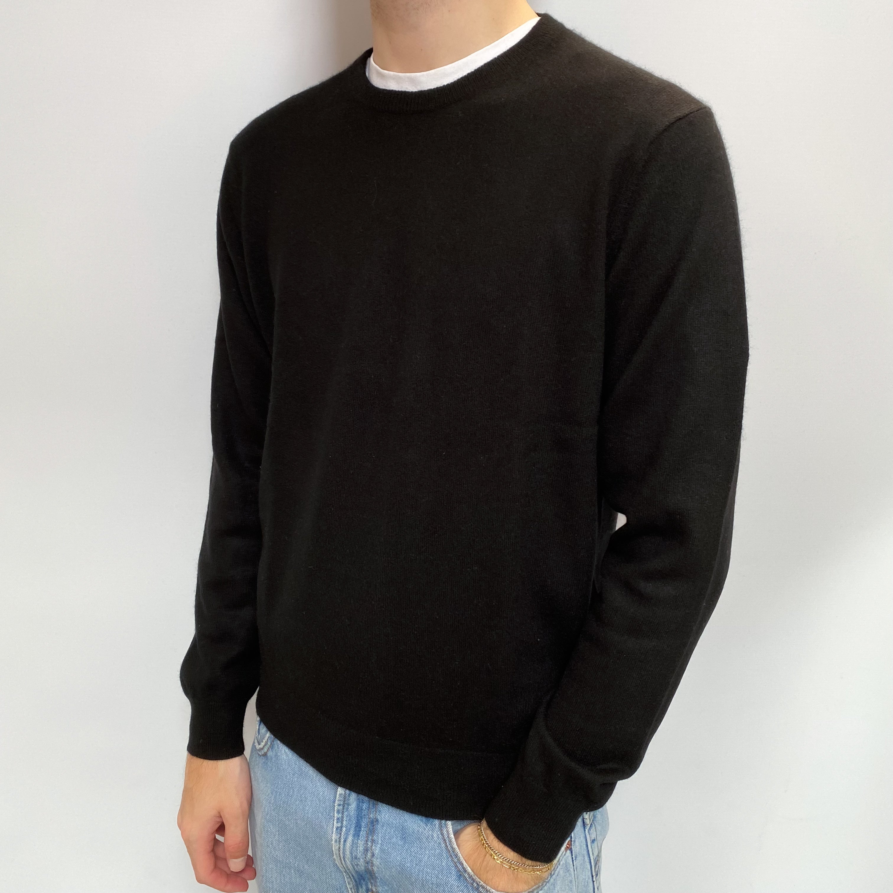 Men's Black Cashmere Crew Neck Jumper Large