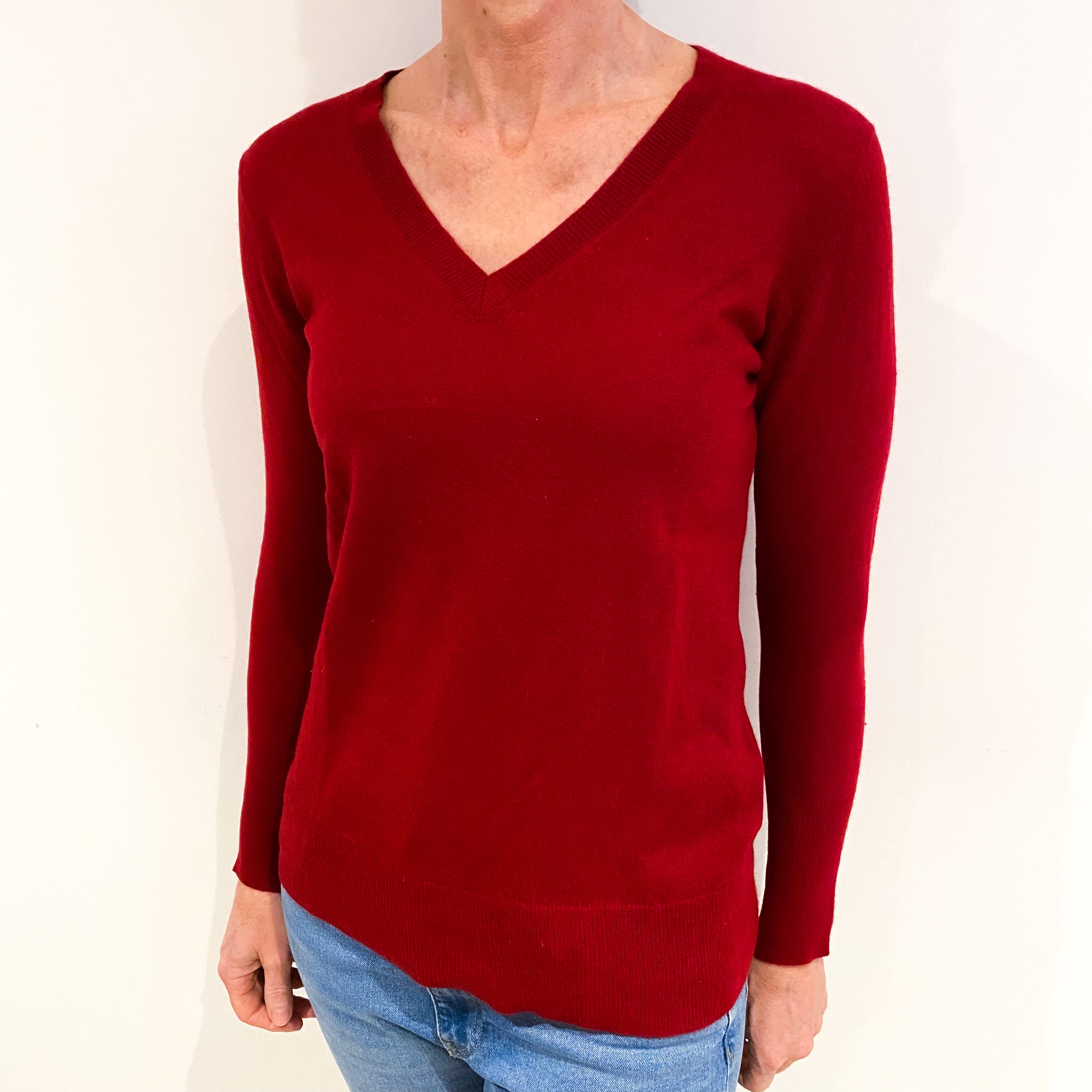 Post Box Red Cashmere V Neck Jumper Small