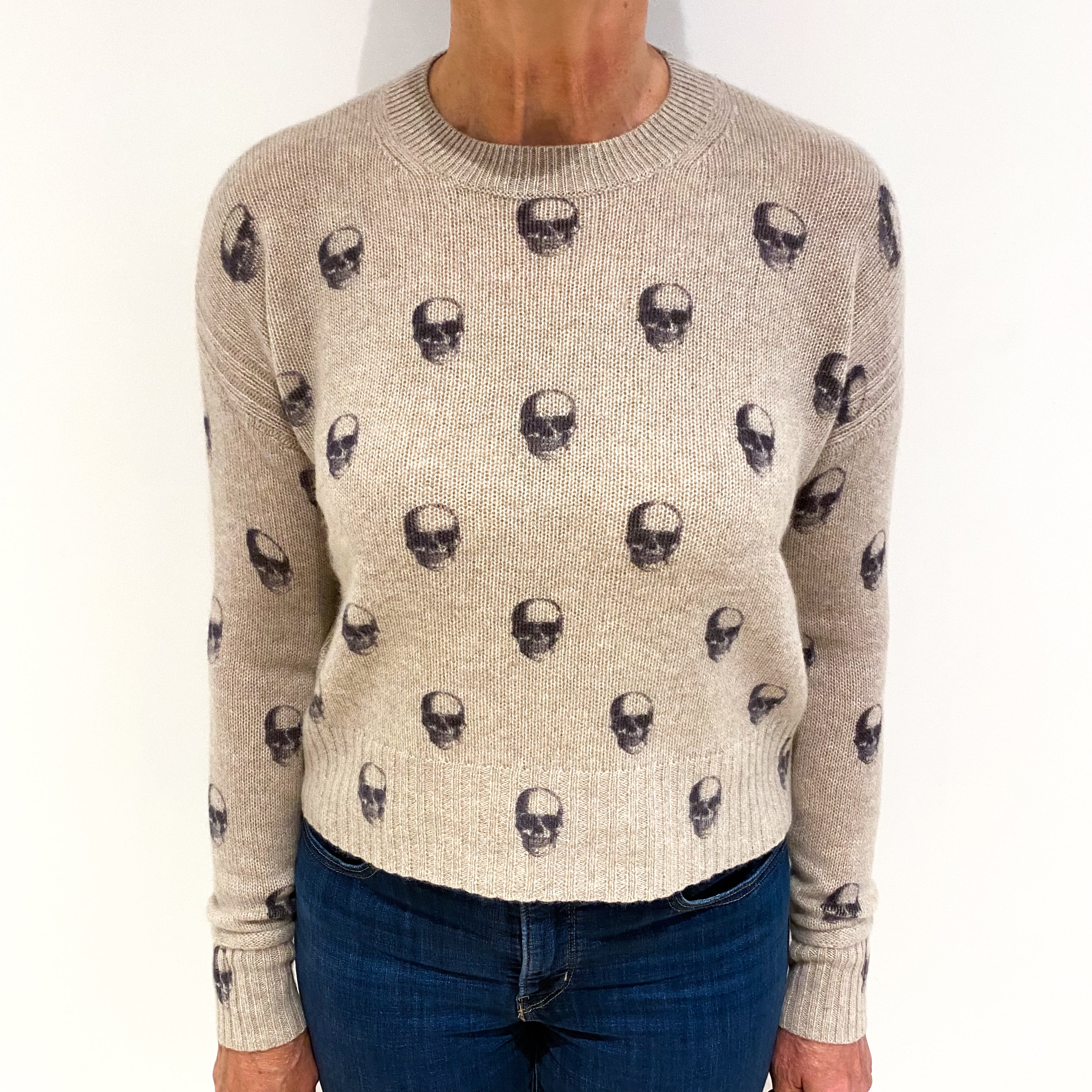 Fawn Skull Patterned Cashmere Crew Neck Jumper Medium