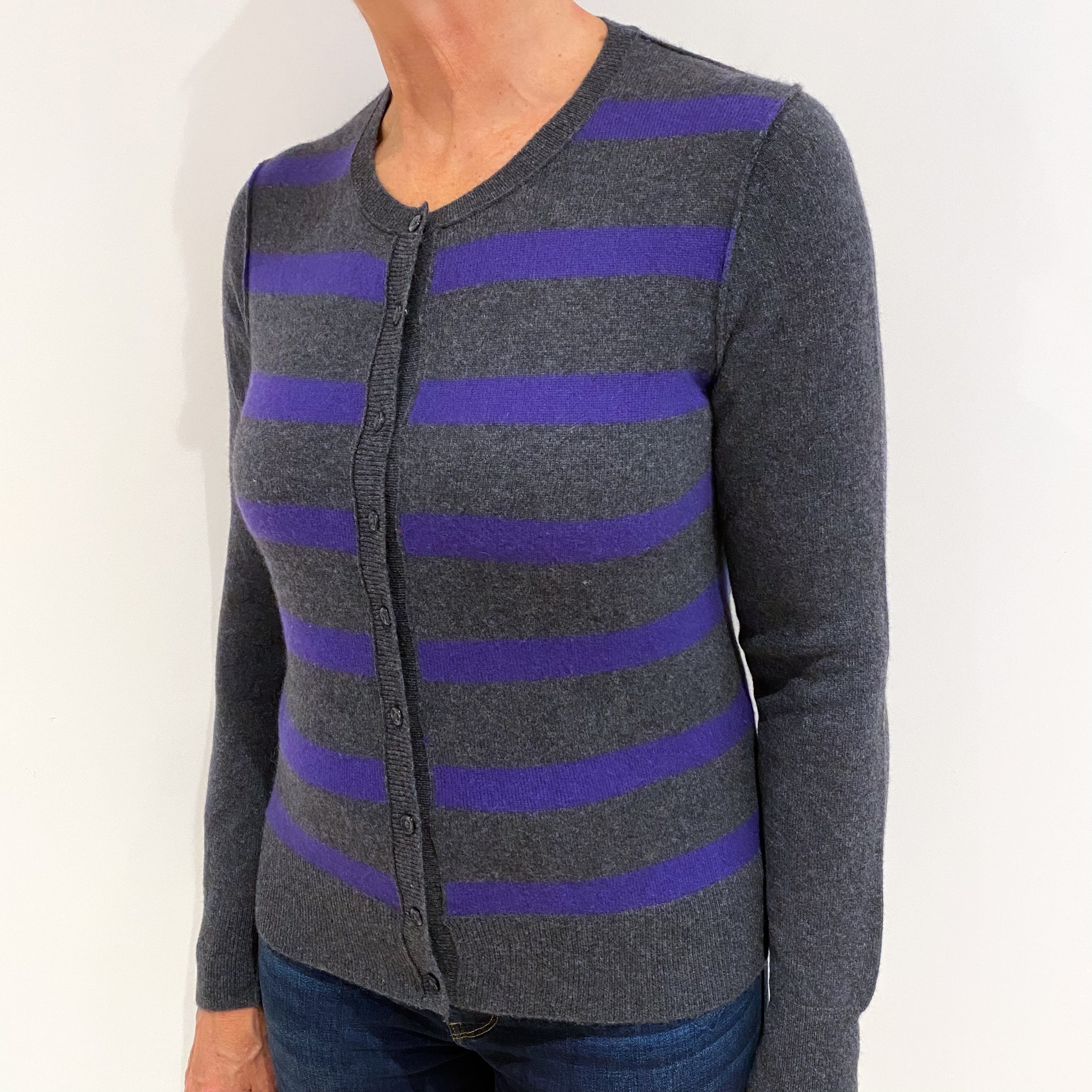 Slate Grey Purple Stripe Cashmere Crew Neck Cardigan Medium