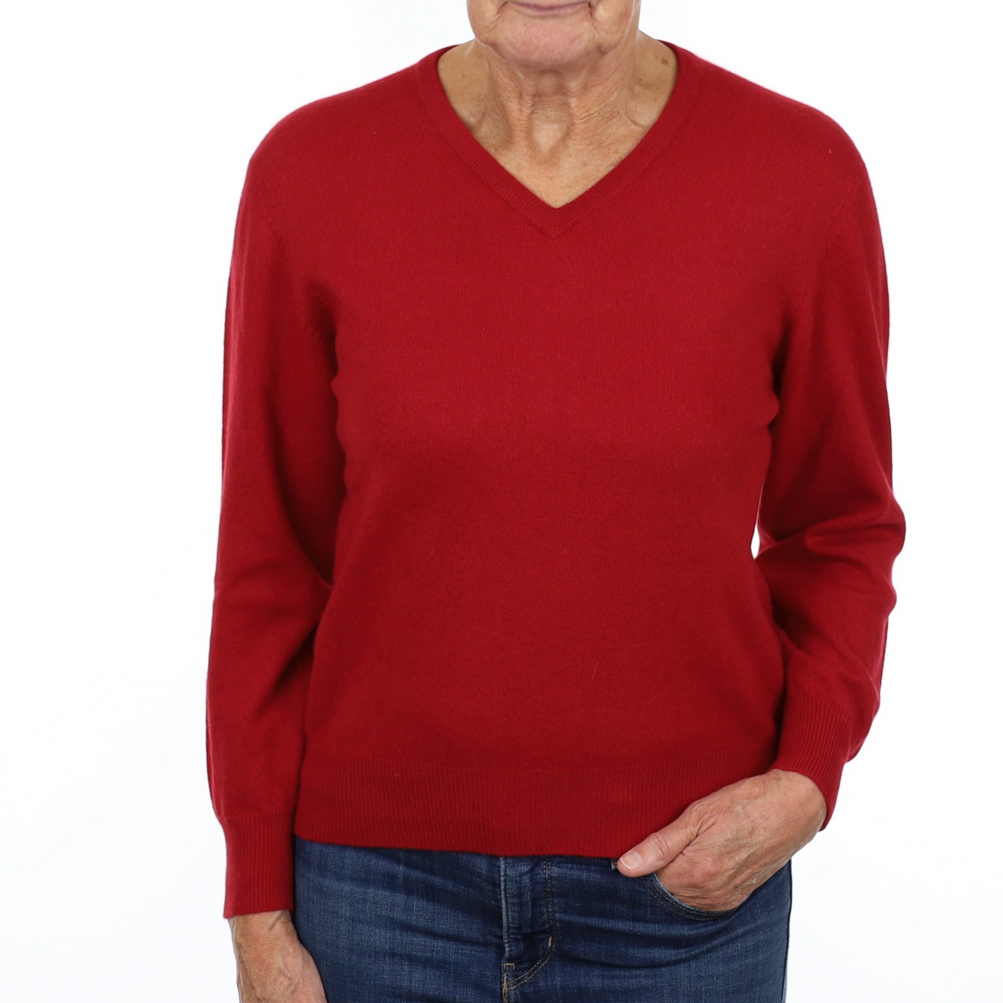 Post Box Red Cashmere V Neck Jumper Medium