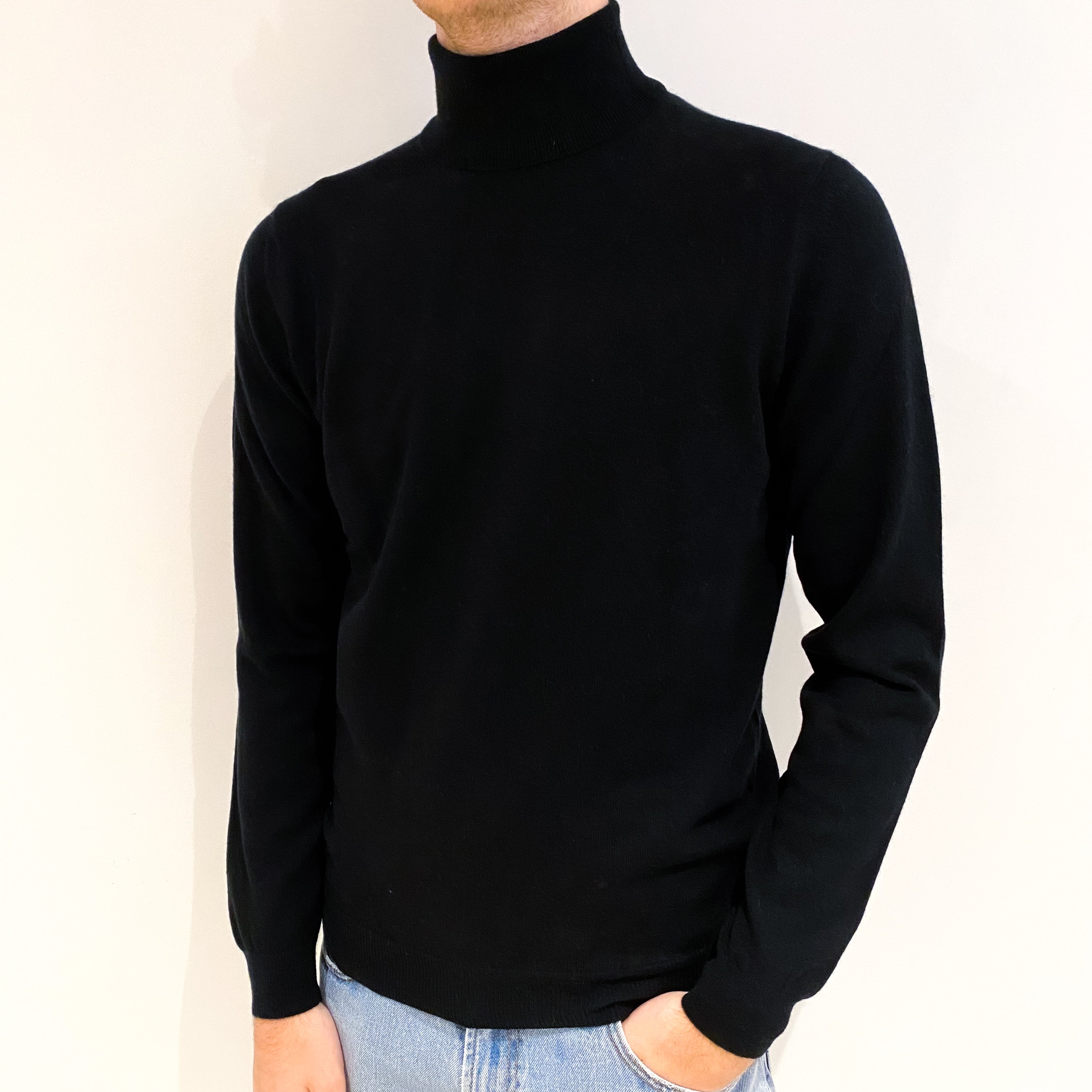 Men's Black Cashmere Polo Neck Jumper Medium