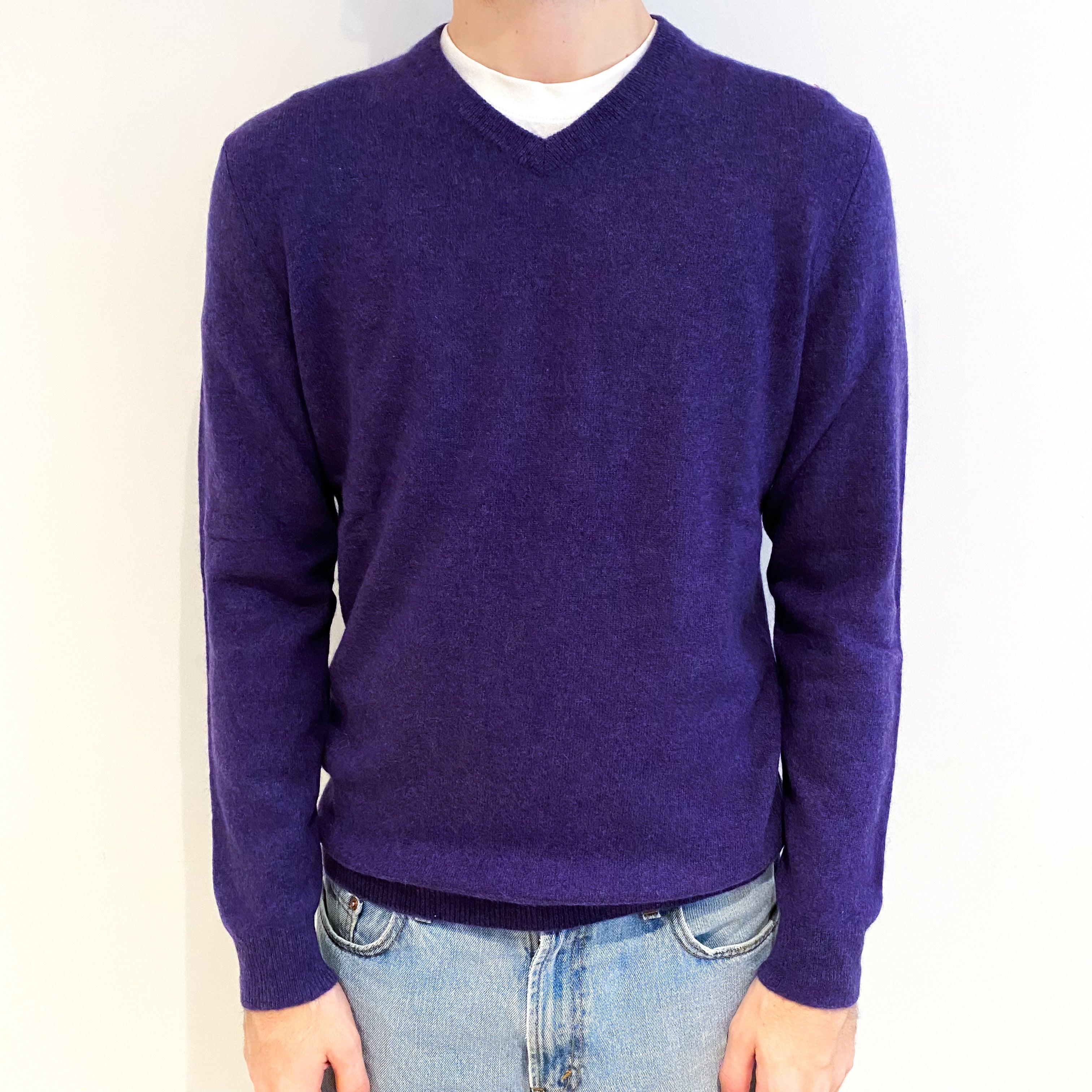 Men's Pansy Purple Cashmere V Neck Jumper Medium