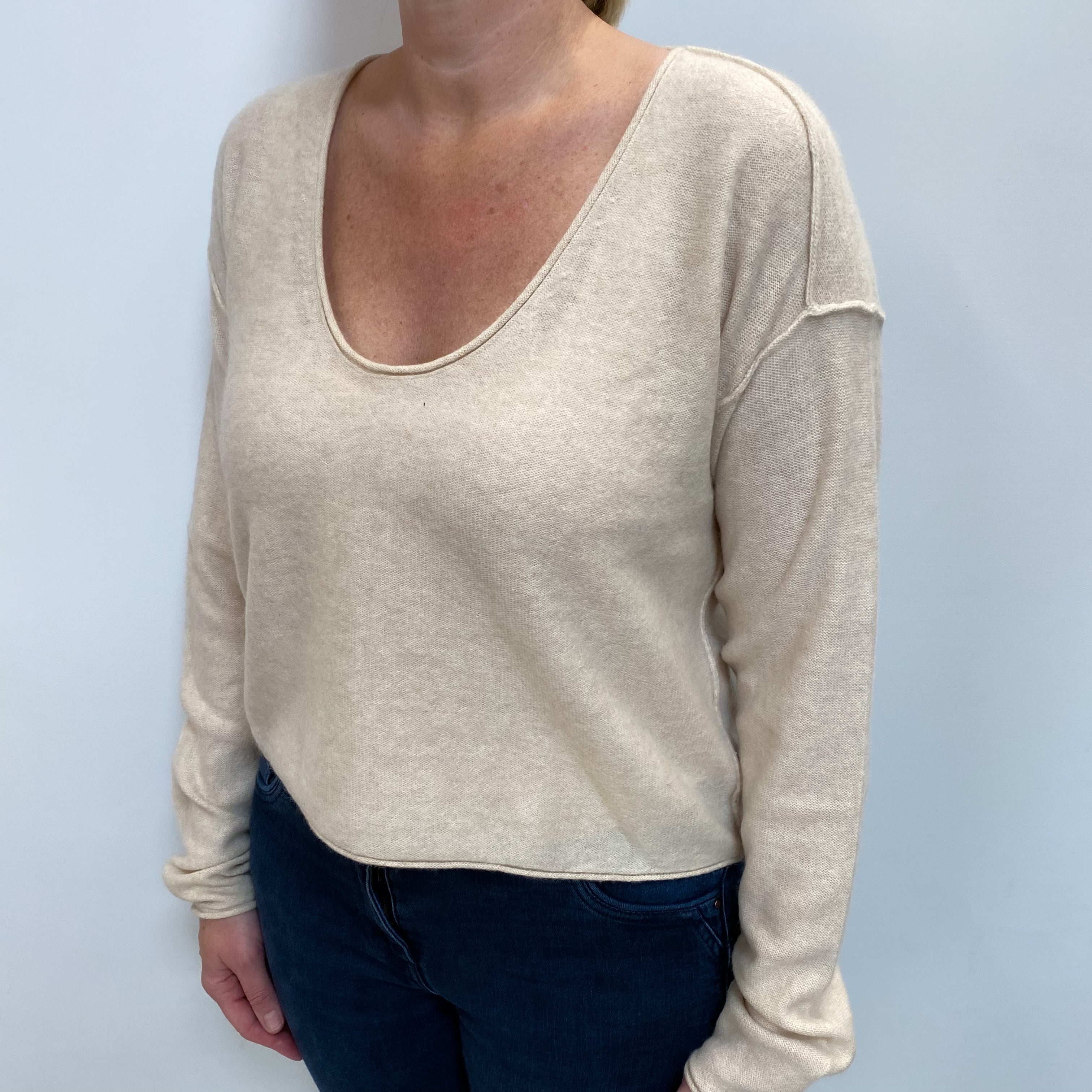 Oatmeal Beige Cashmere Scoop Neck Jumper Large