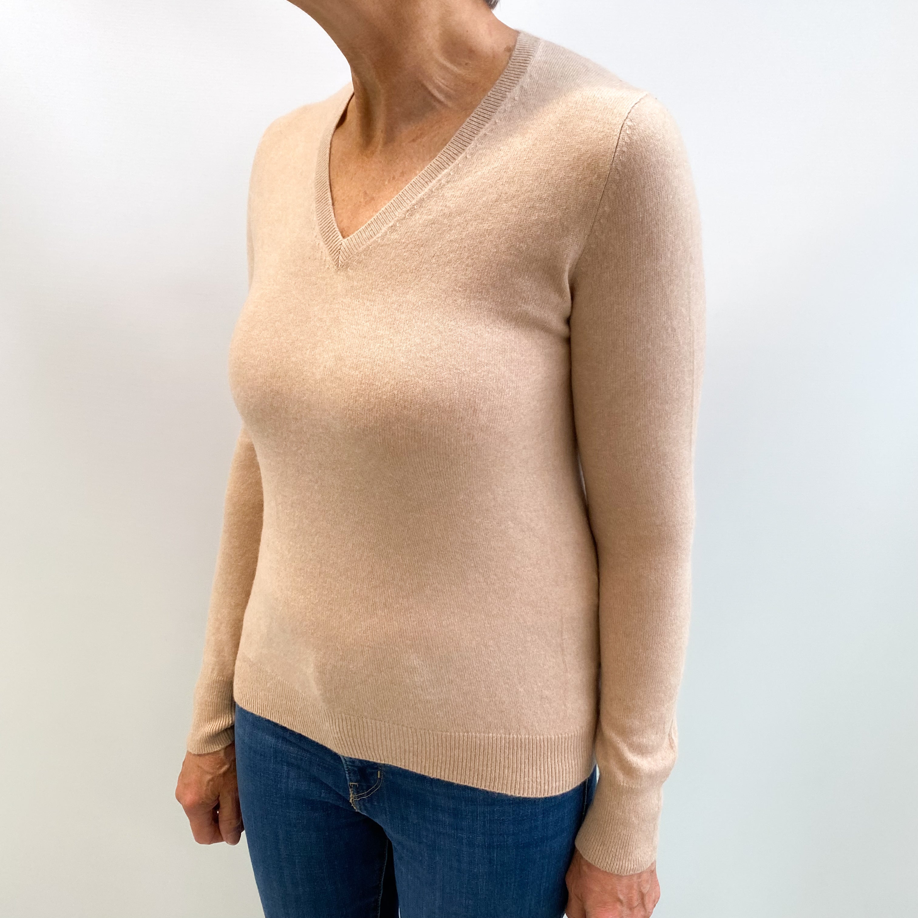 Buff Beige Cashmere V Neck Jumper Medium