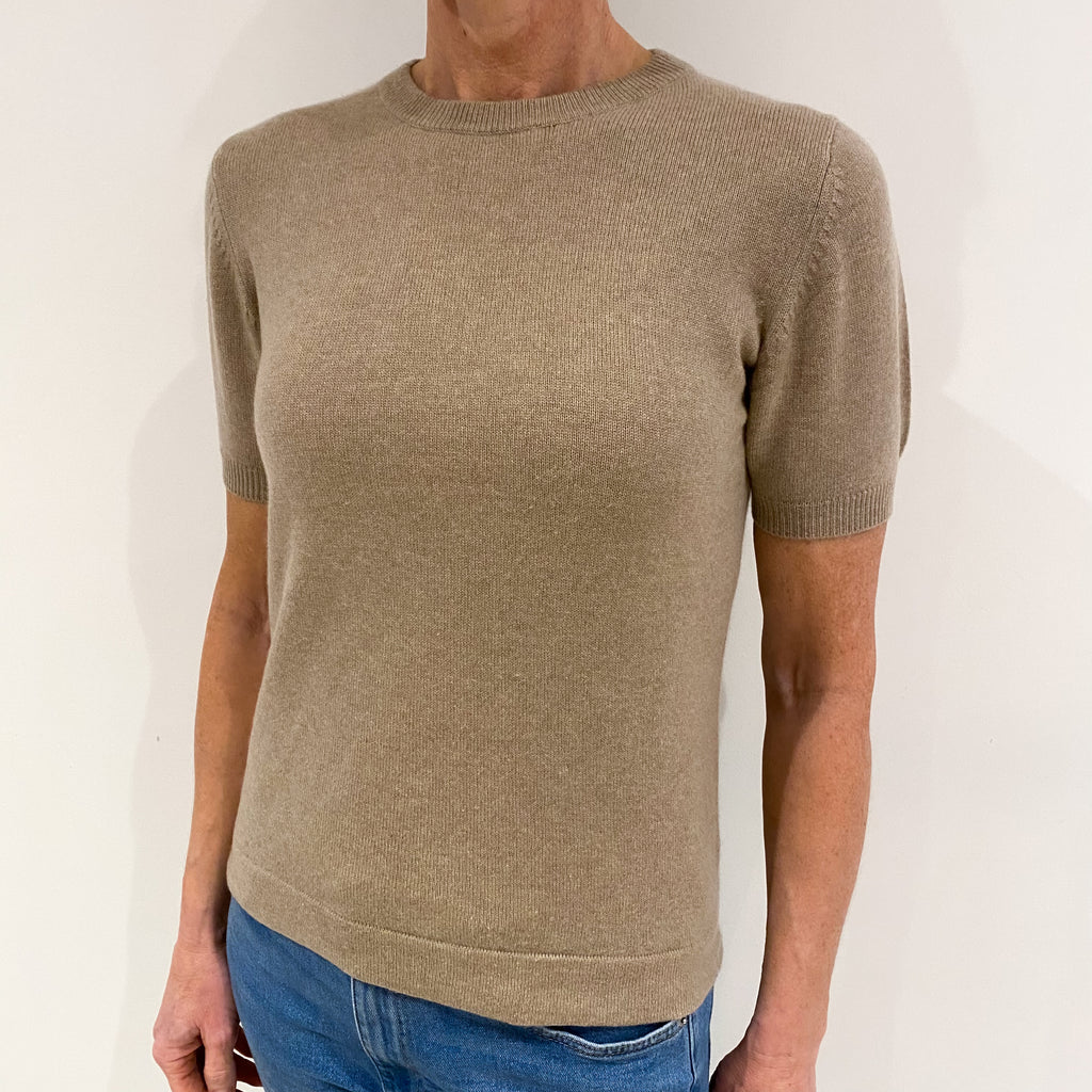 Taupe Brown Cashmere Short Sleeved Crew Neck Jumper Small