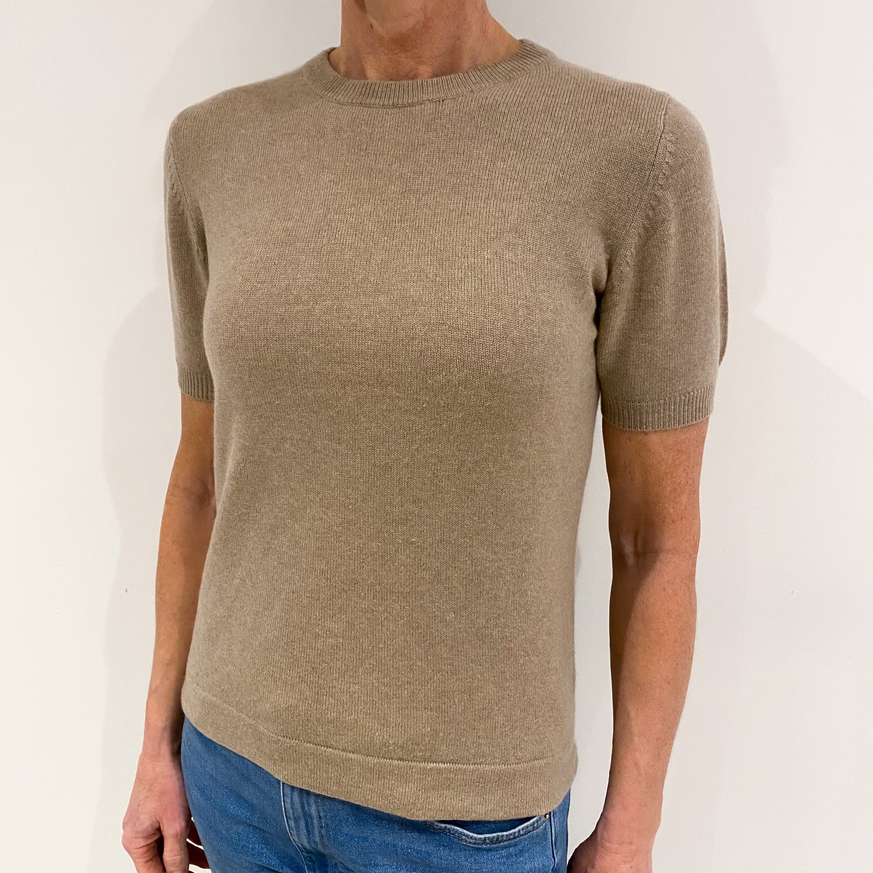 Taupe Brown Cashmere Short Sleeved Crew Neck Jumper Small