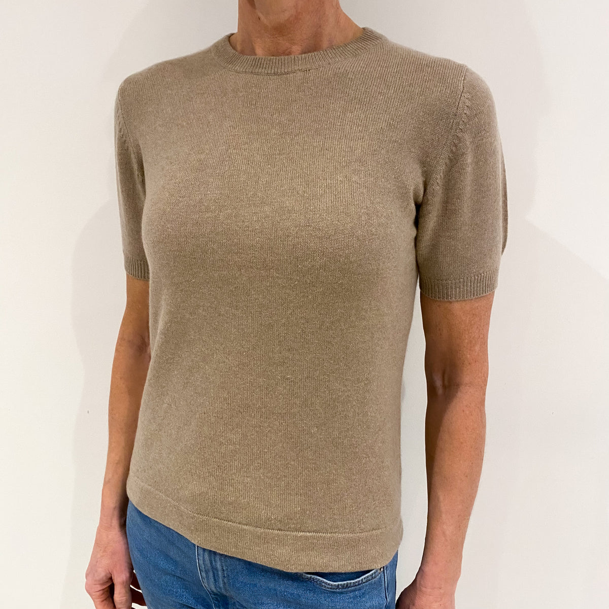Taupe Brown Cashmere Short Sleeved Crew Neck Jumper Small