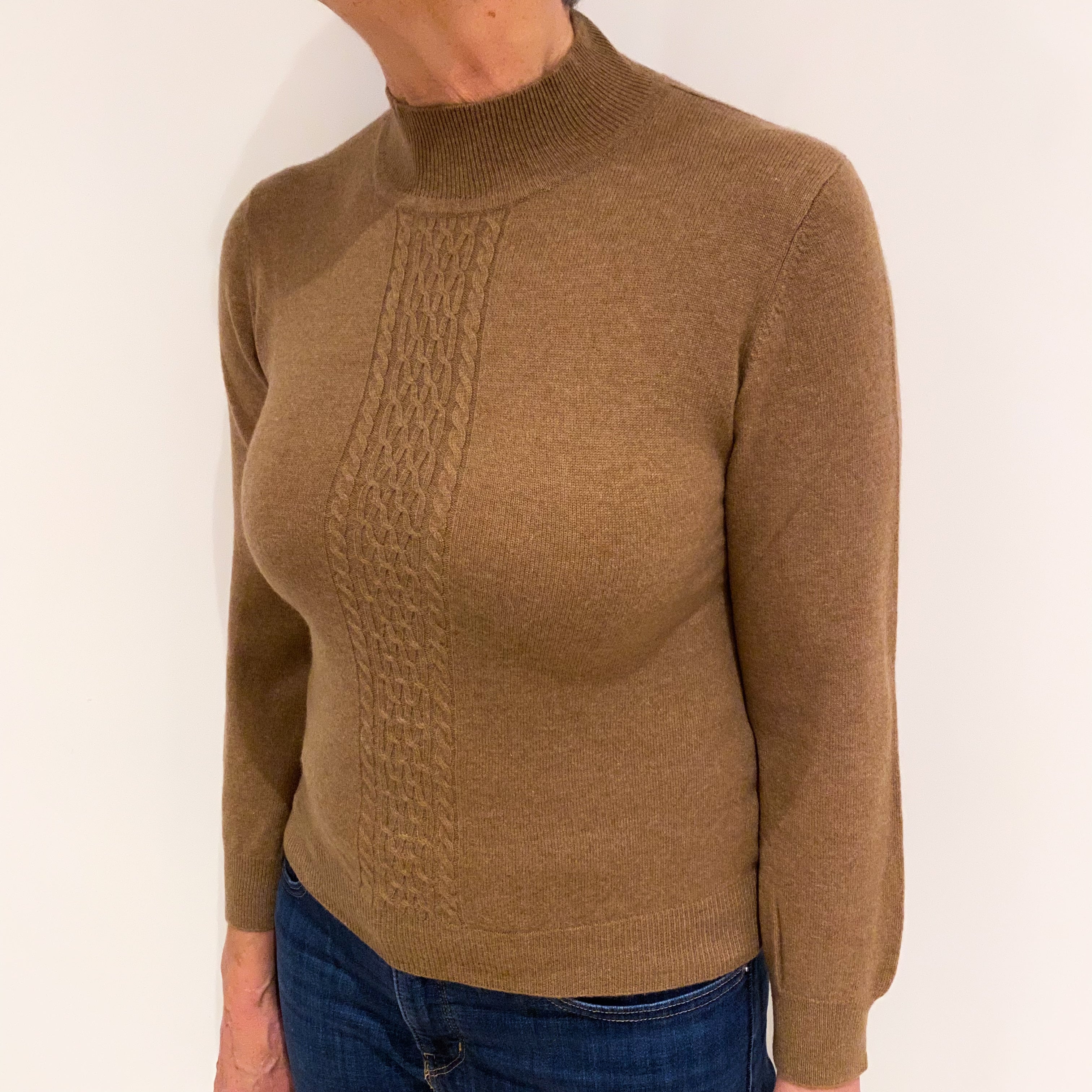 Toffee Brown Cable Detail Cashmere Turtle Neck Jumper Medium