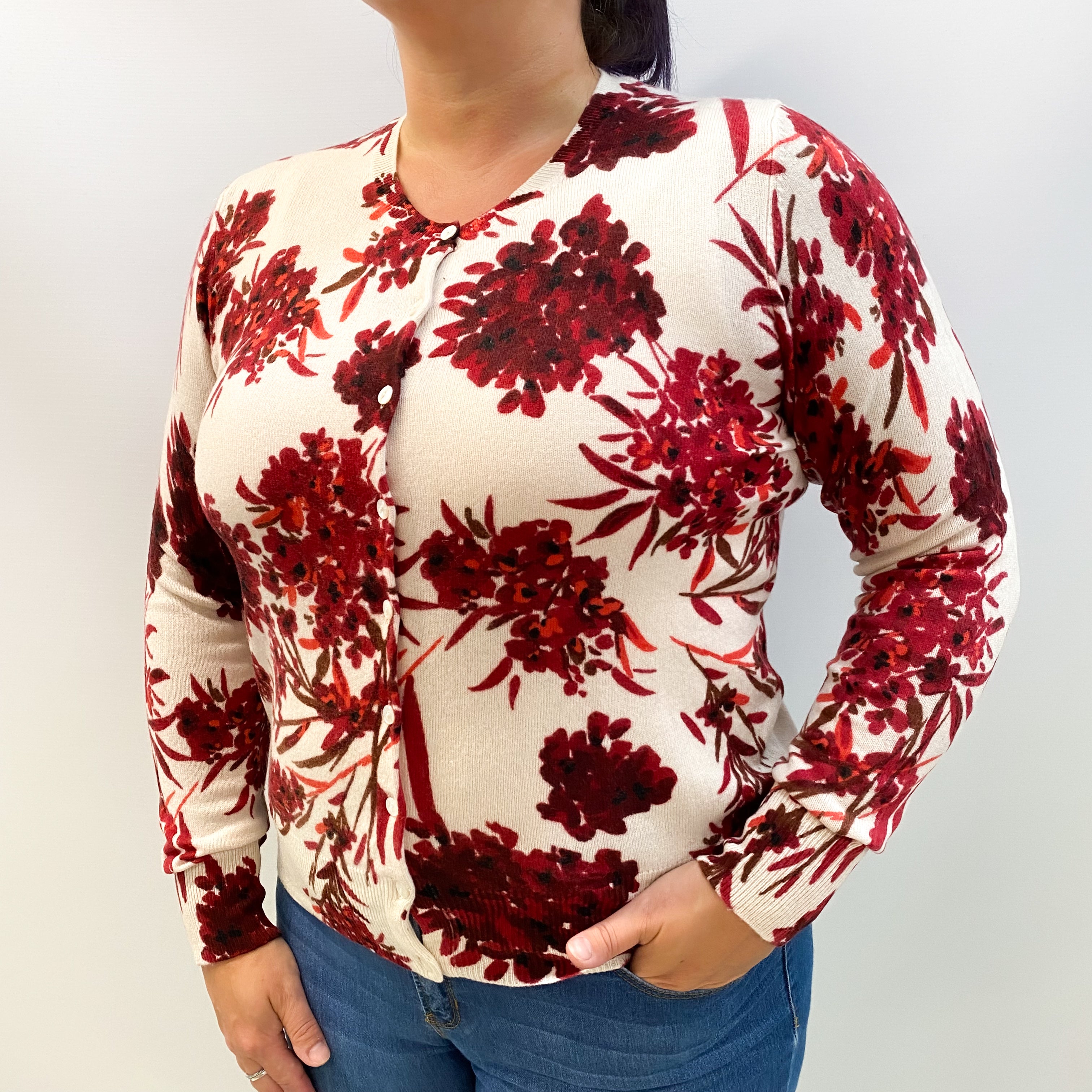Vanilla Cream and Red Floral Cashmere Crew Neck Cardigan Large