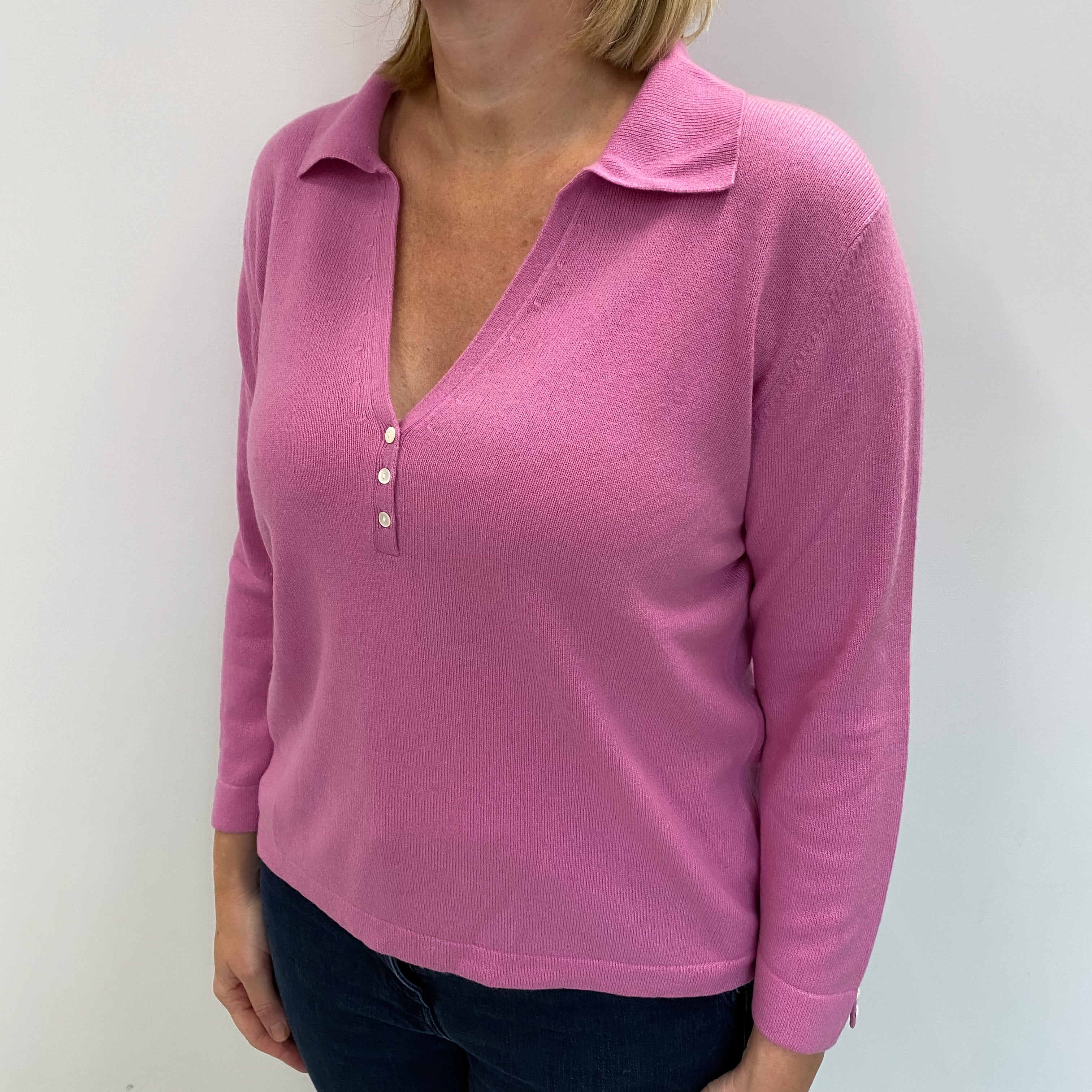 Bubblegum Pink Cashmere Collared V Neck Jumper Large